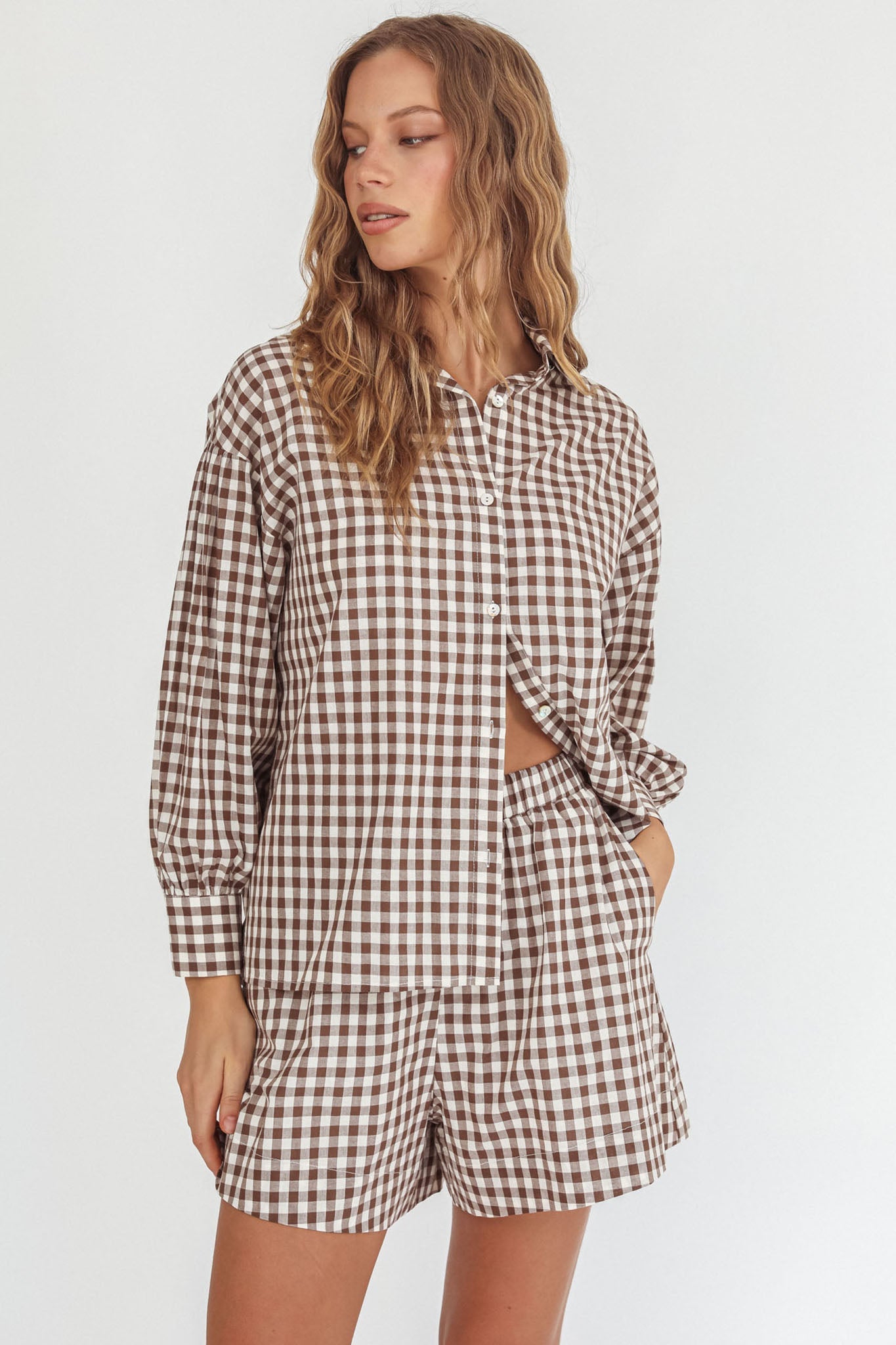 Weekends Away Elastic Waist Shorts Brown Check
