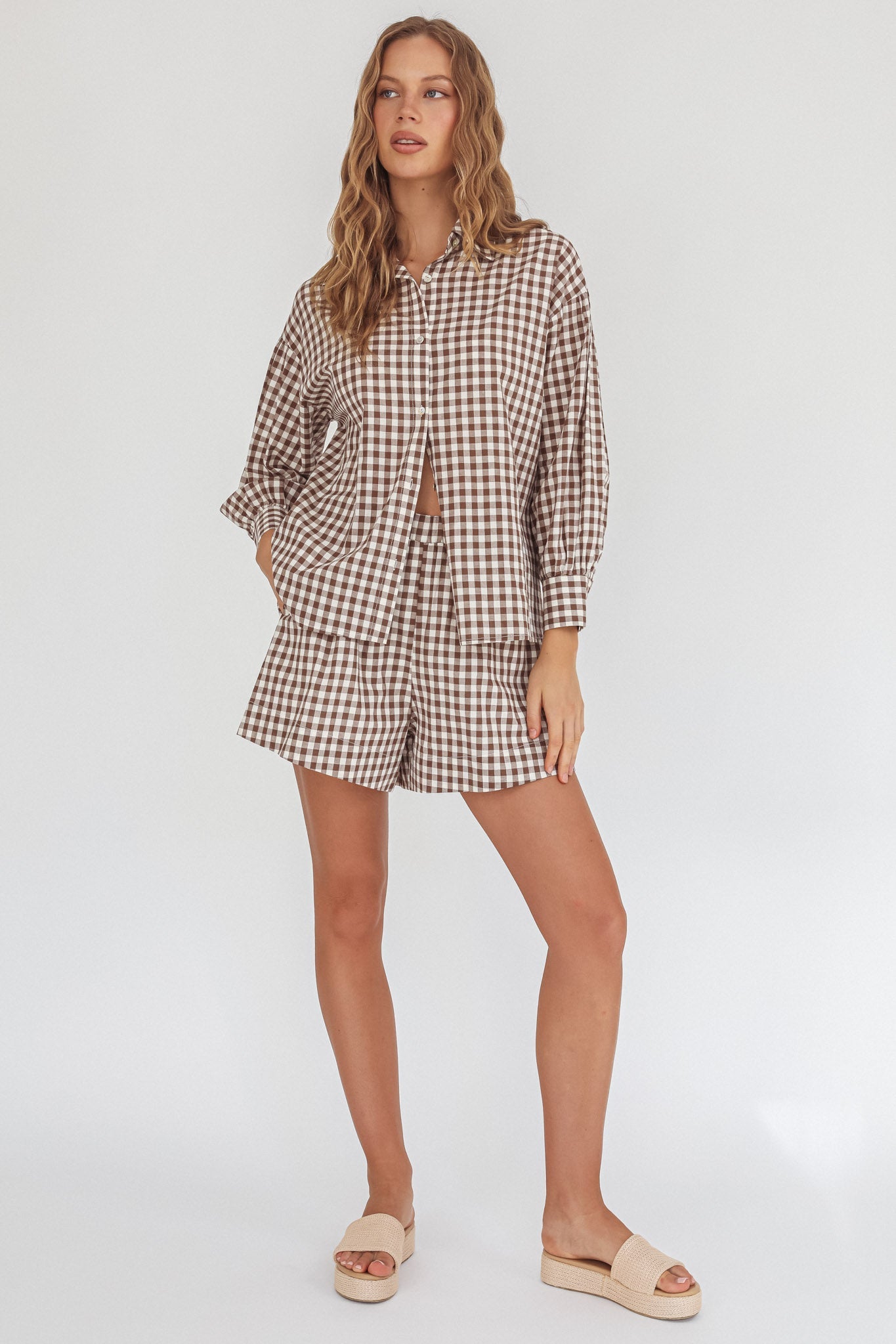 Weekends Away Long Sleeve Button Top Brown Check