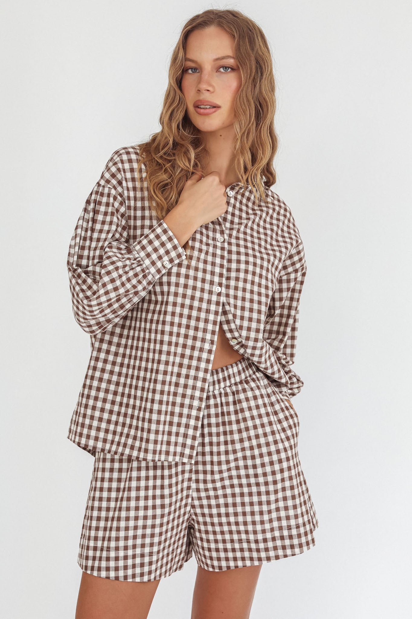 Weekends Away Long Sleeve Button Top Brown Check
