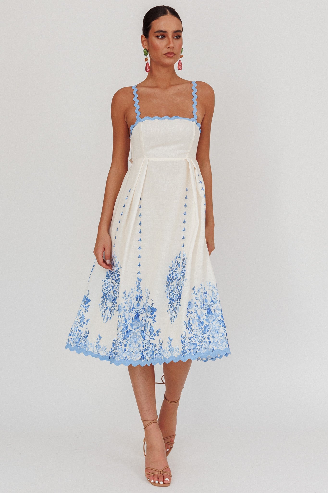 Asami Floral Print Ric Rac Trim Midi Dress Blue