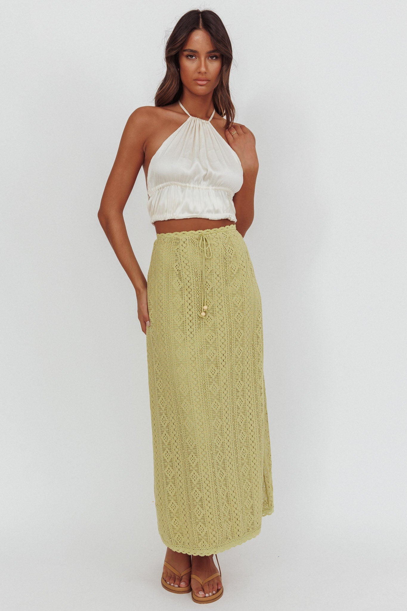 Days Away Crochet Lace Maxi Skirt Moss