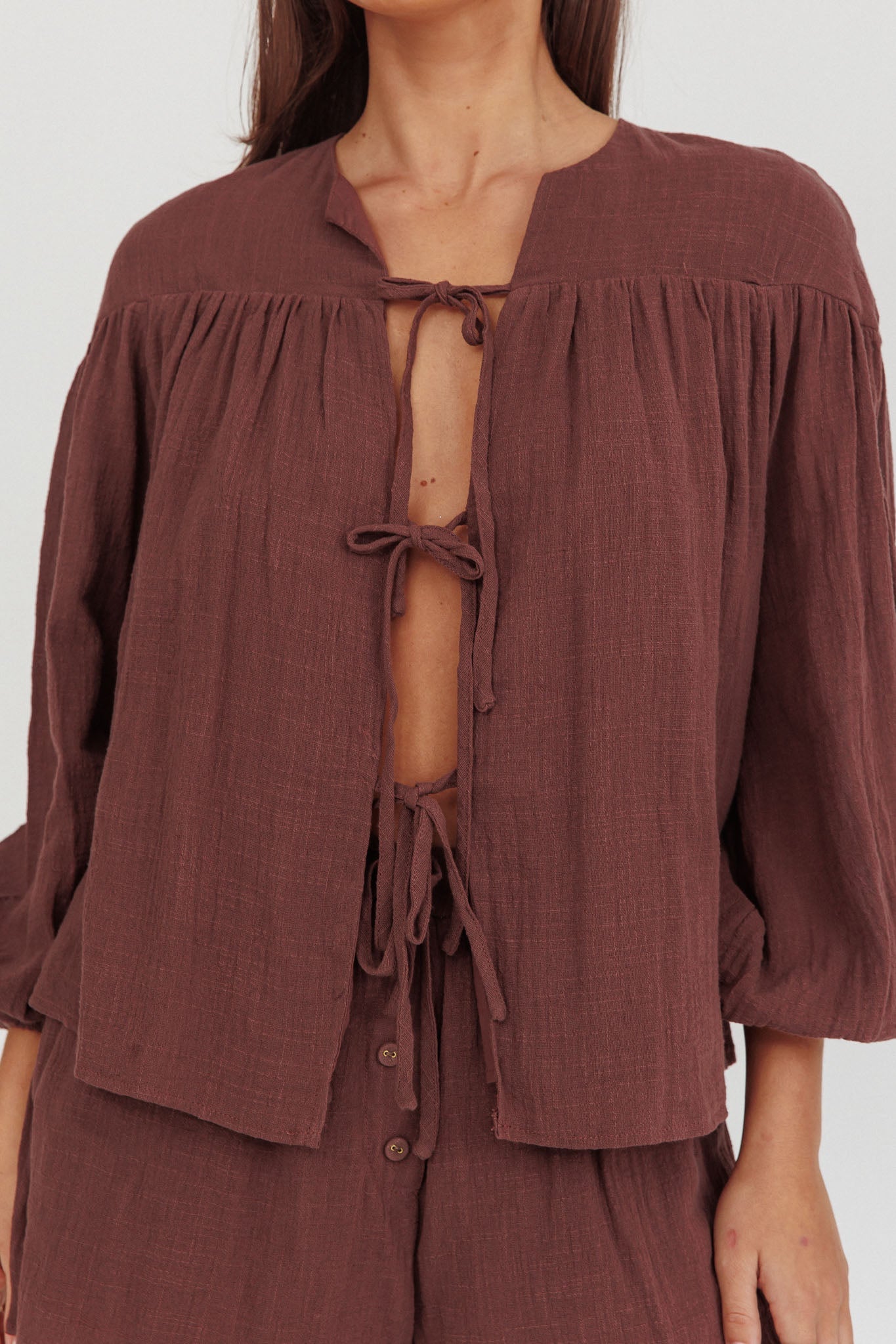 Salty Sea Tie Front Blouse Top Chocolate