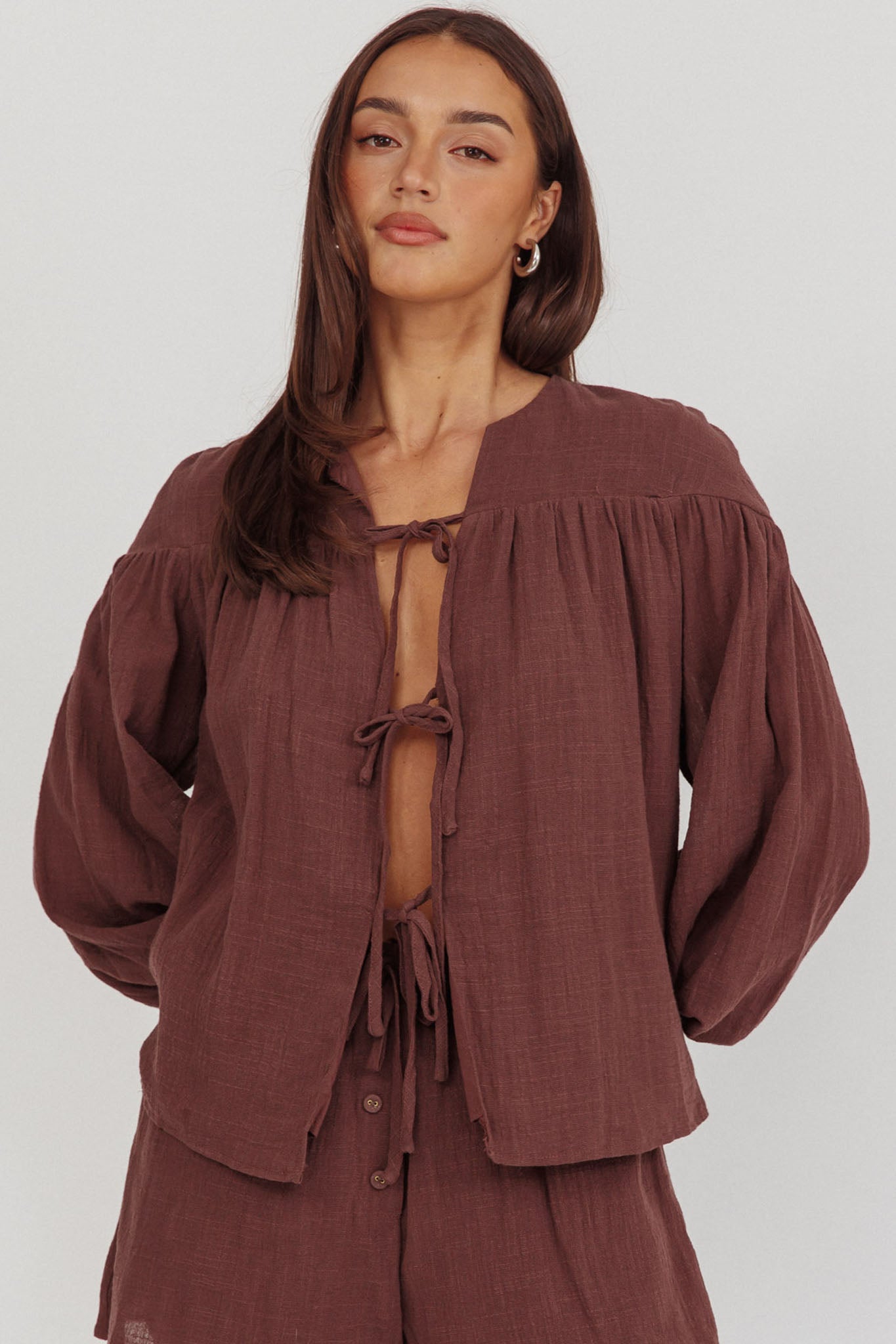 Salty Sea Tie Front Blouse Top Chocolate