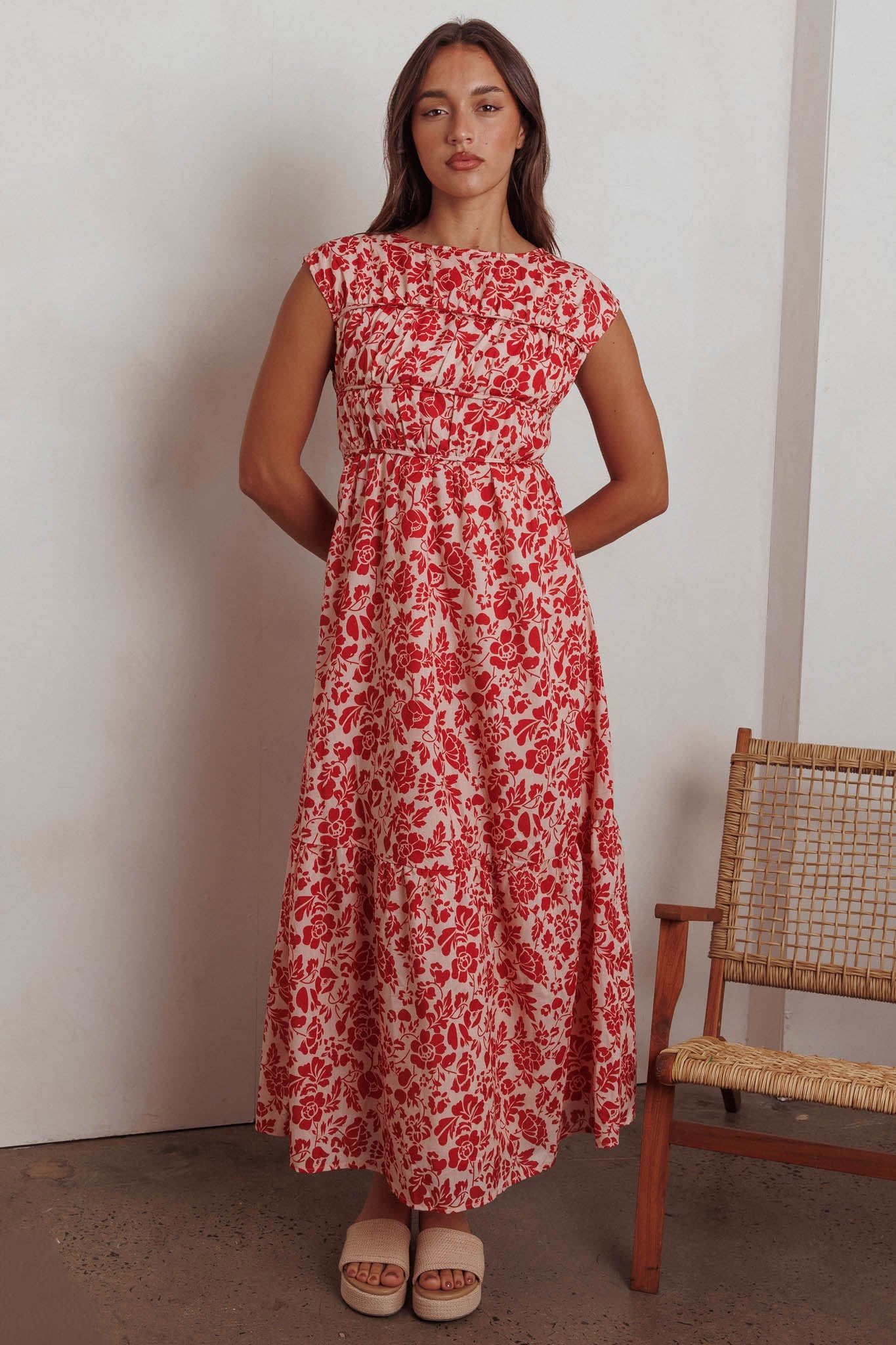 Called Out Gathered Bodice Maxi Dress Floral Red