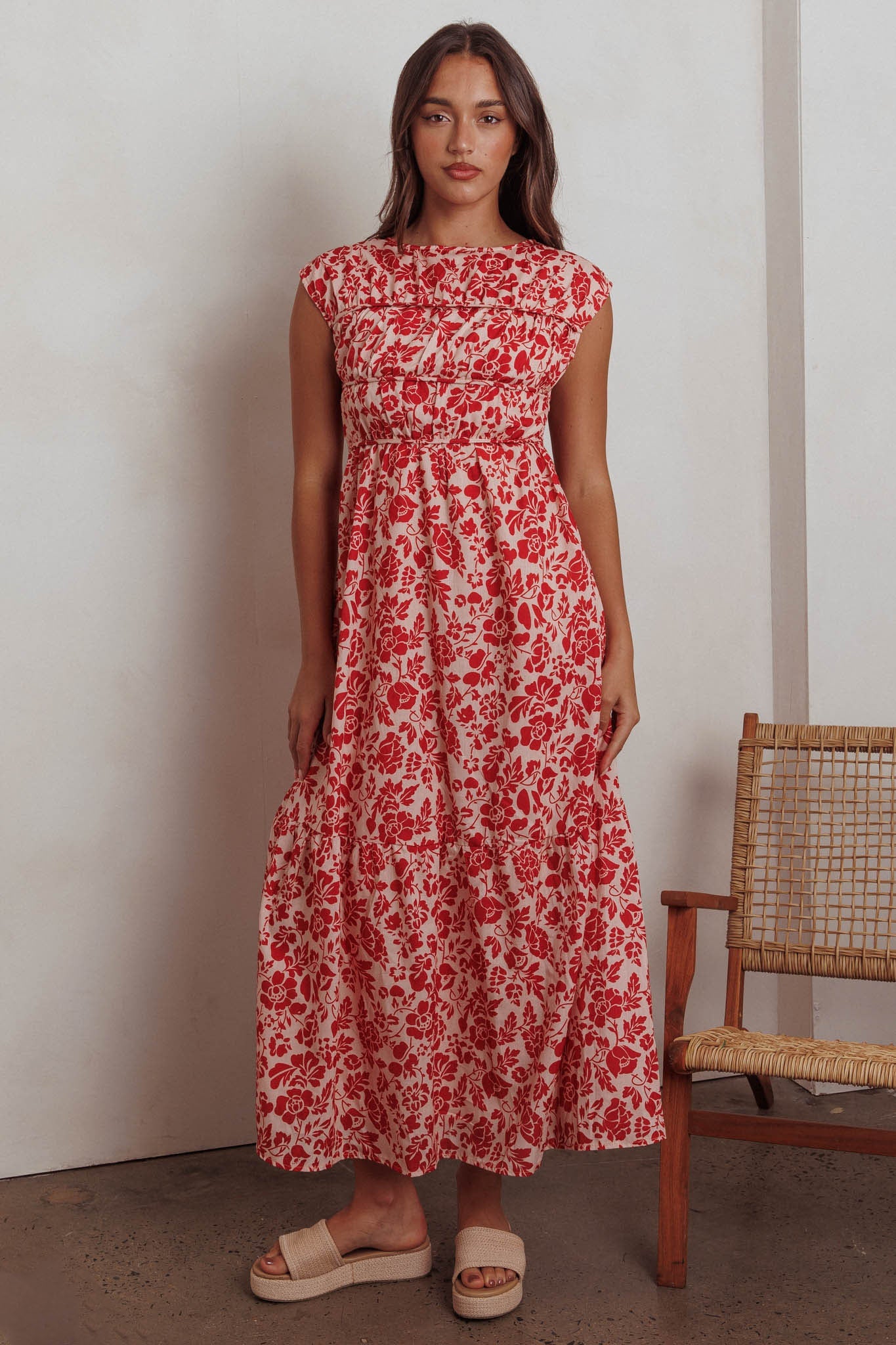Called Out Gathered Bodice Maxi Dress Floral Red