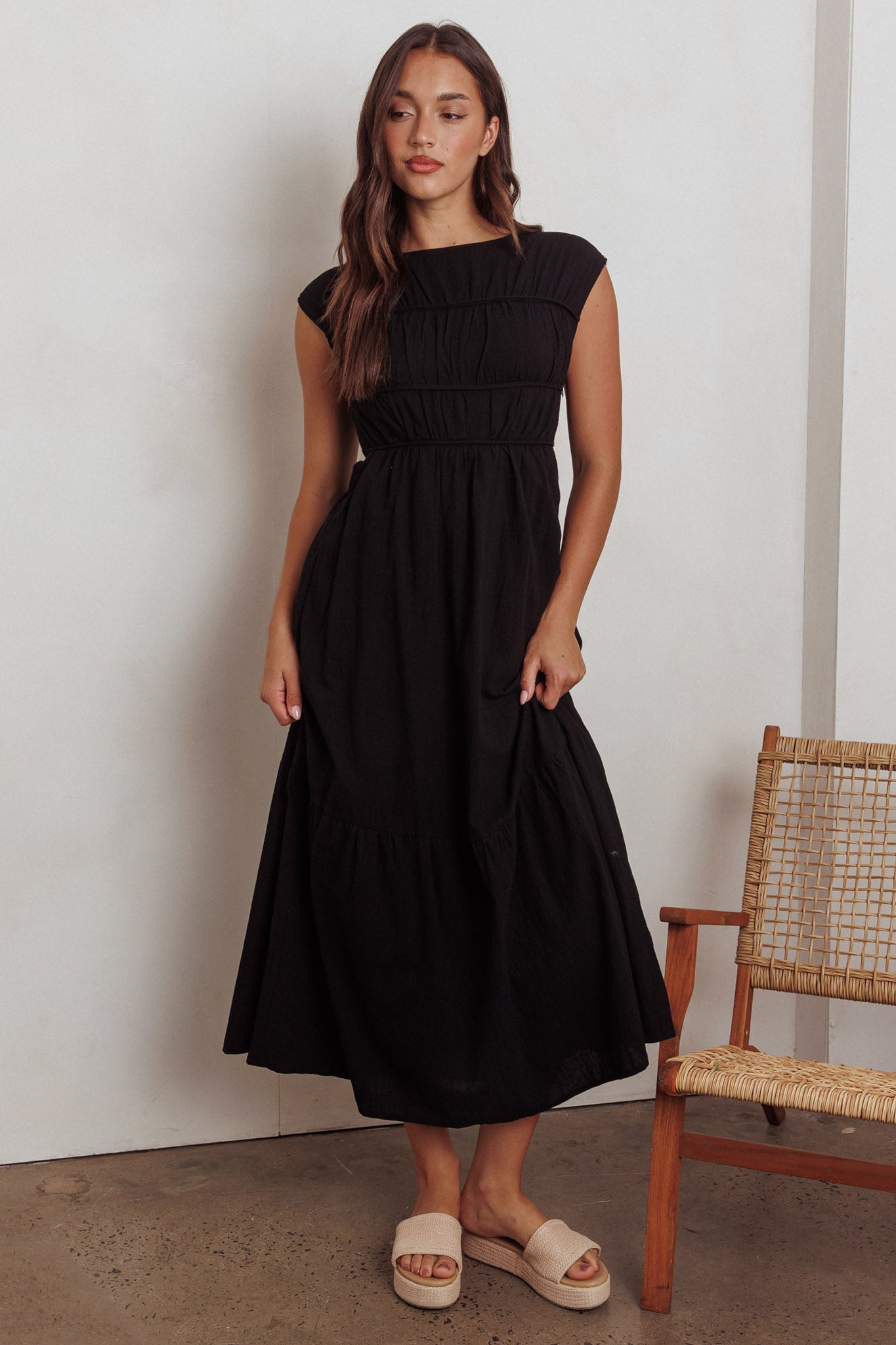 Called Out Gathered Bodice Maxi Dress Black