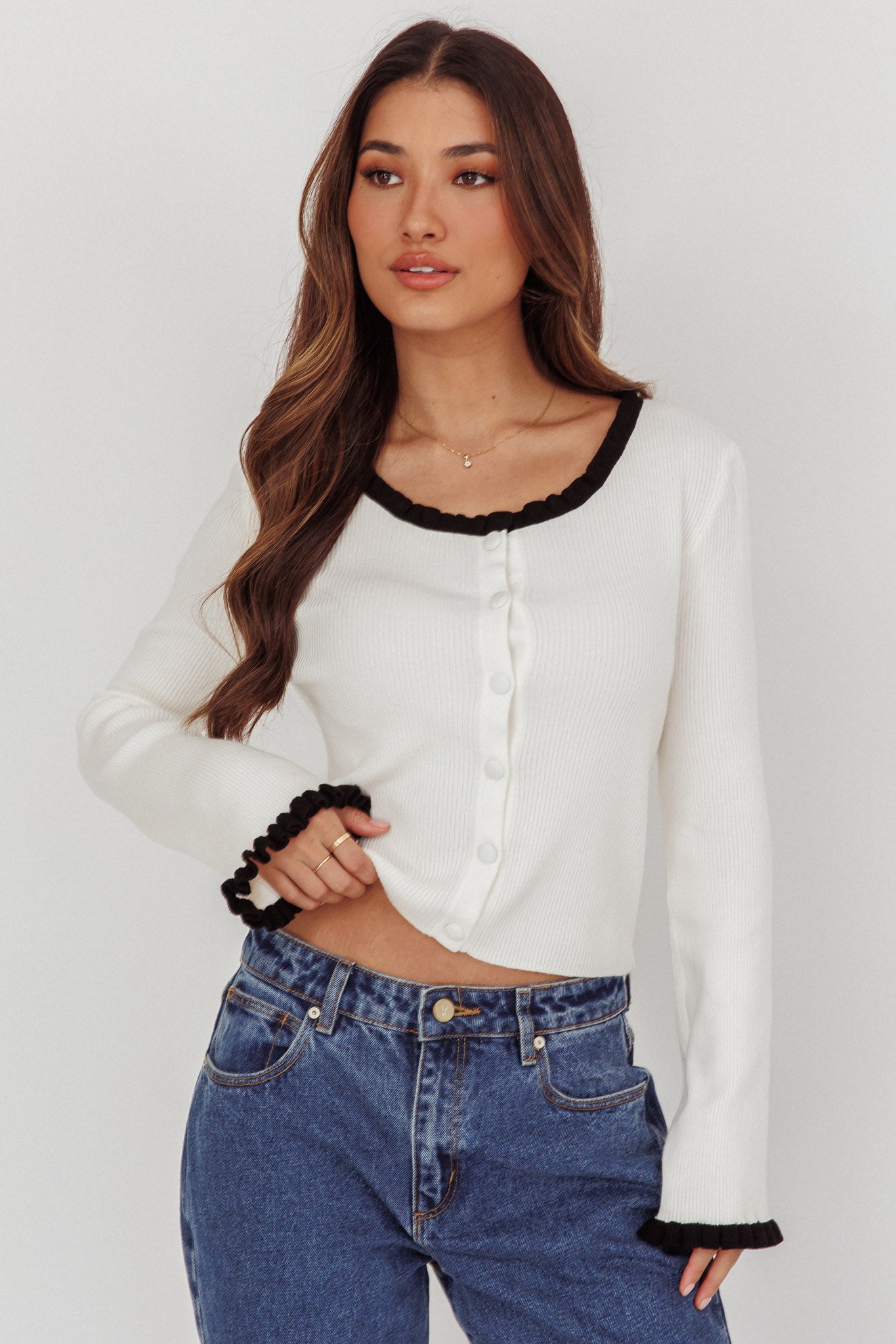 Oshan Ruffle Trim Cardigan Cream