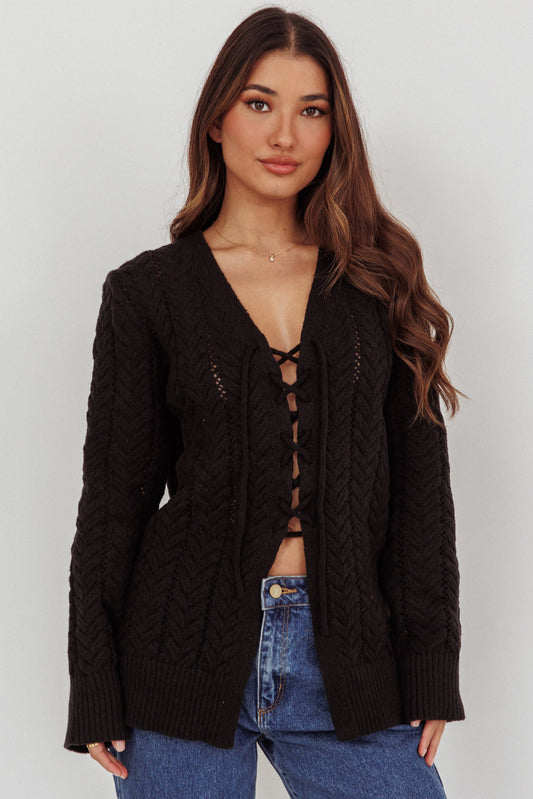 Seattle Lace-Up Front Knit Top Black