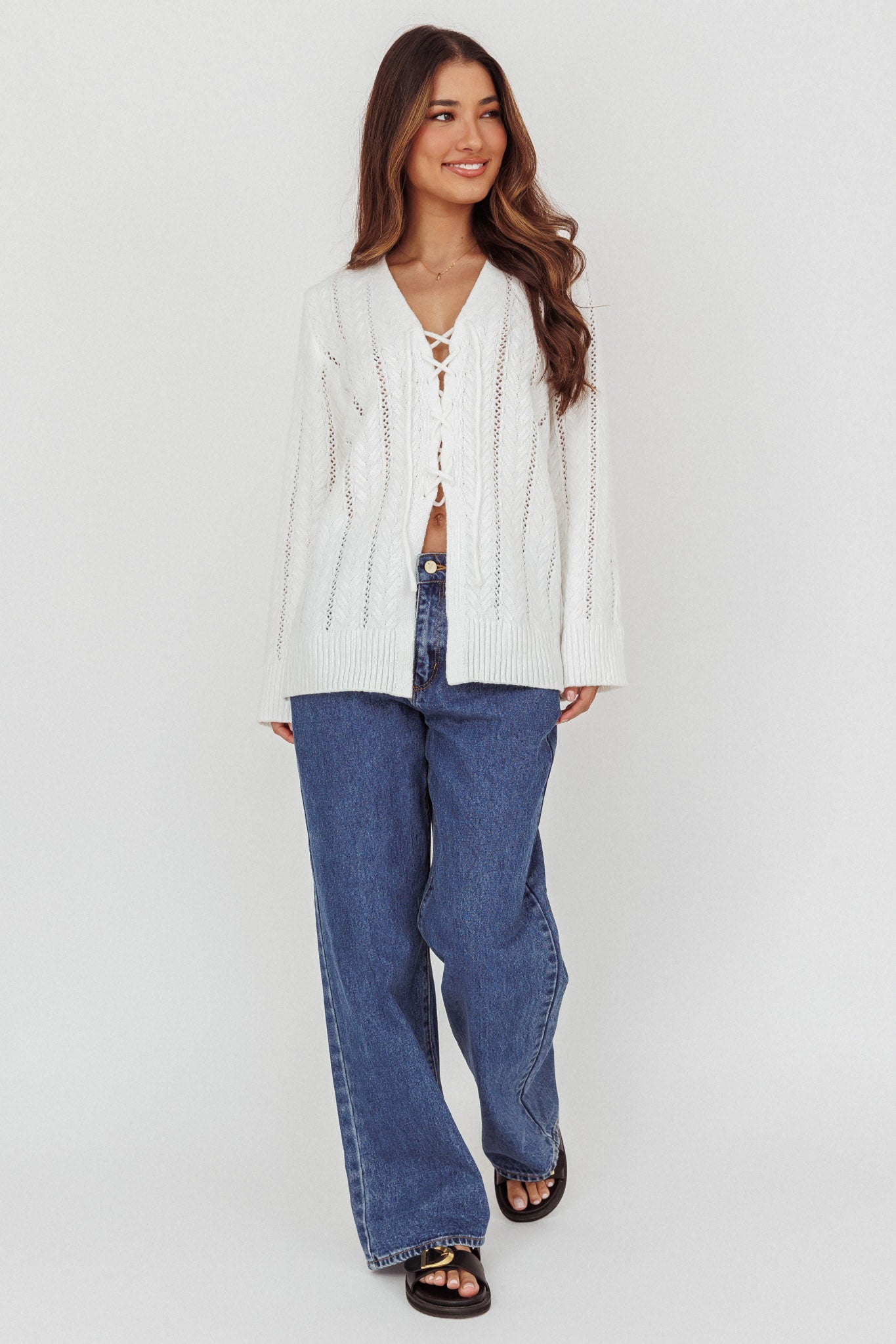 Seattle Lace-Up Front Knit Top White
