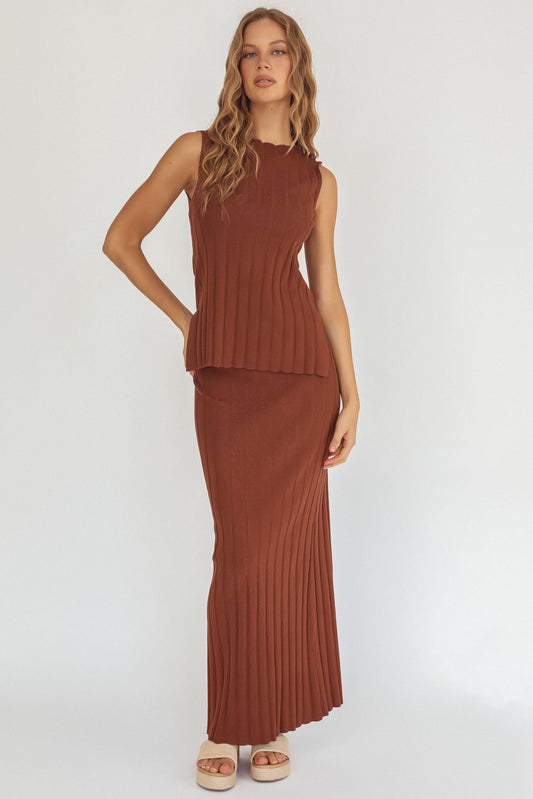 Kimora Ribbed Knit Maxi Skirt Brown