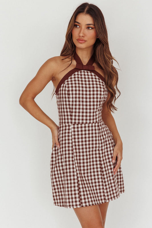 Lady Bow Halterneck Mini Dress Plaid Brown