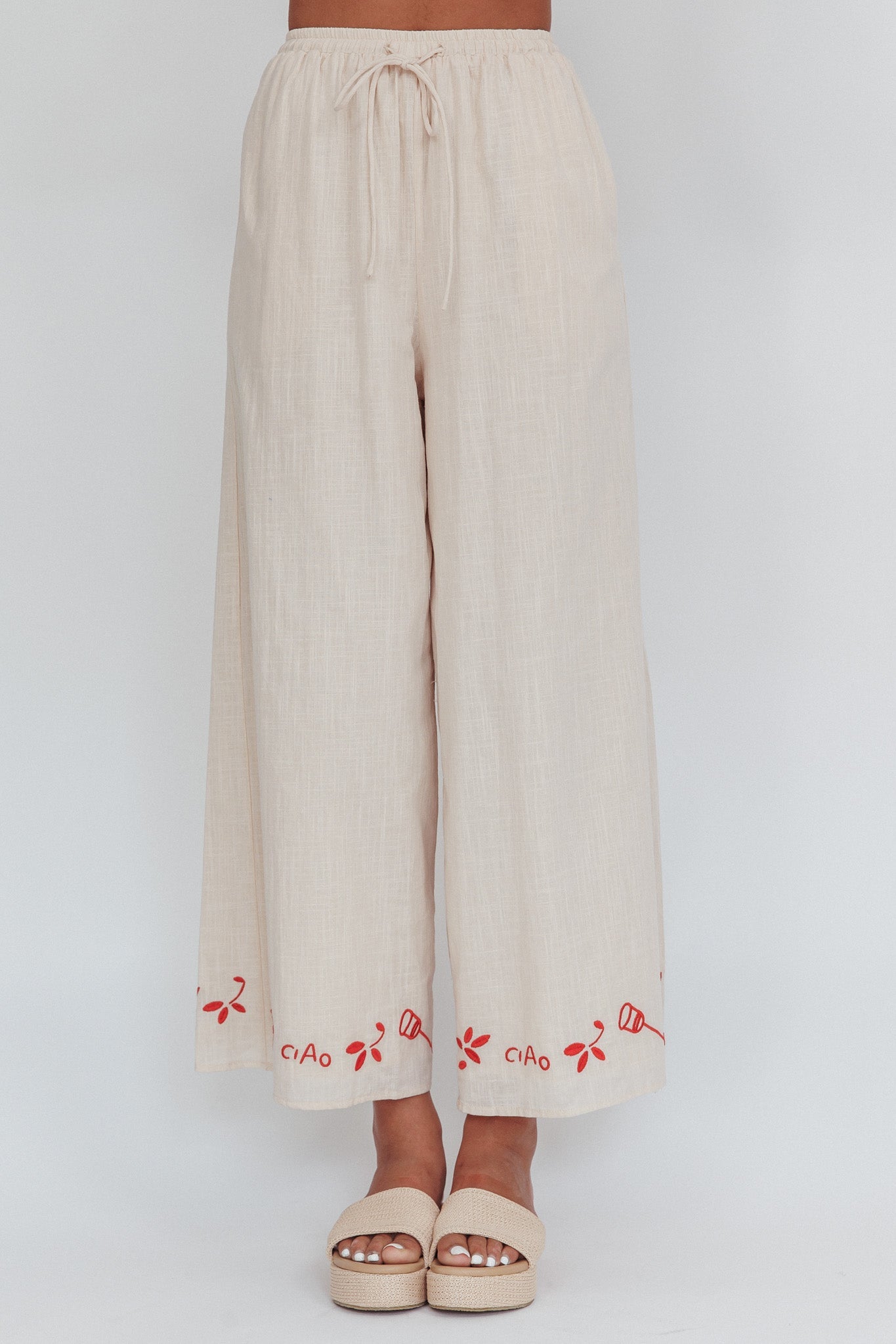 Sorrento Summer Embroidered Wide-Leg Pants Oat