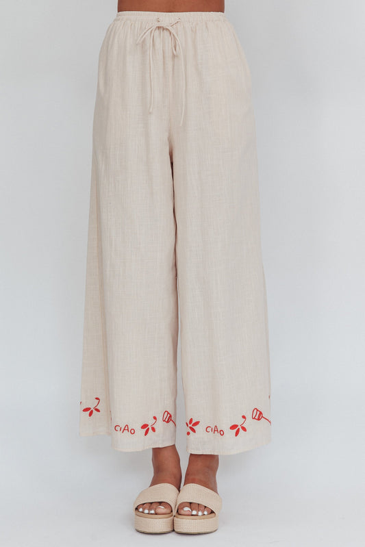 Sorrento Summer Embroidered Wide-Leg Pants Oat