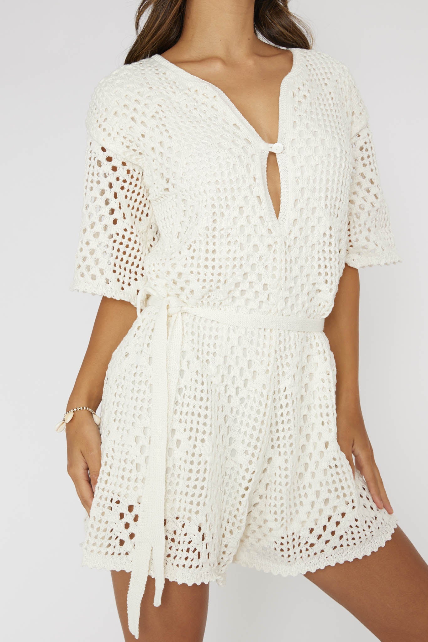Asana Crochet Button Romper Cream