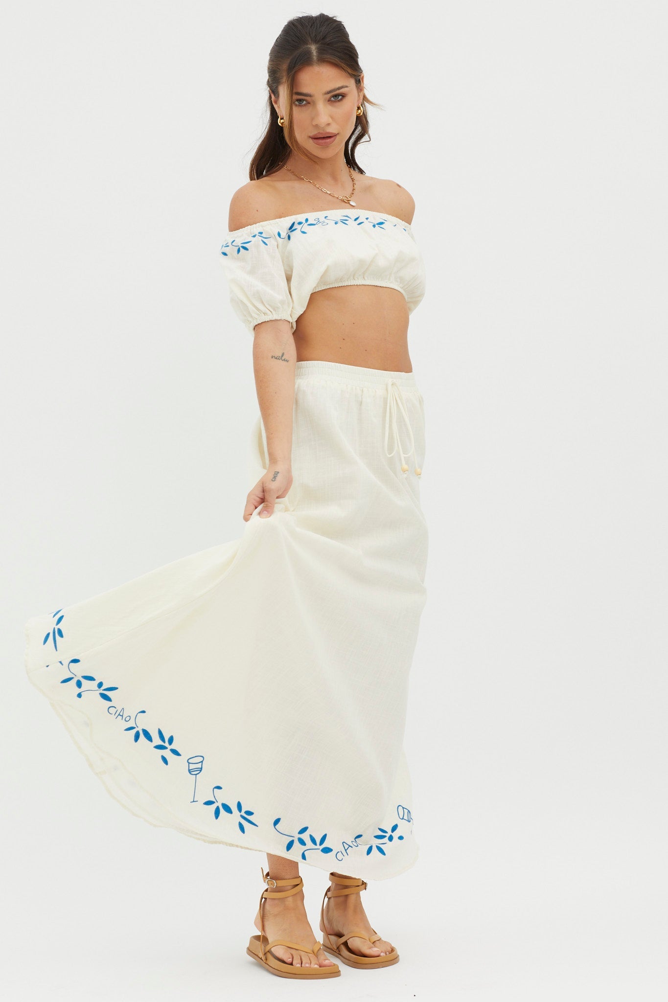 Ritual Embroidered Hem Midi Skirt Beige