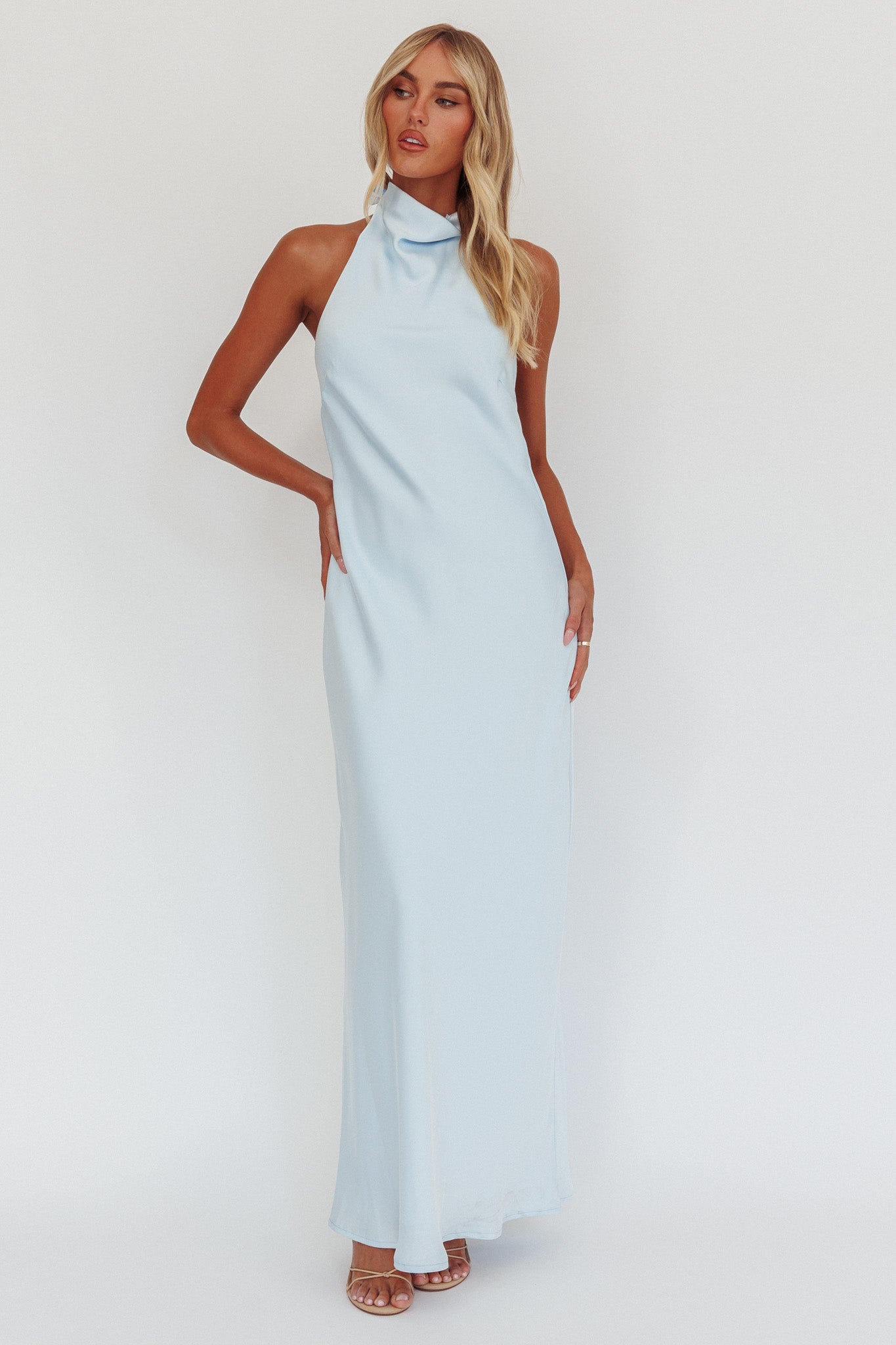 Sweetest Sundays Halterneck Open Back Dress Baby Blue