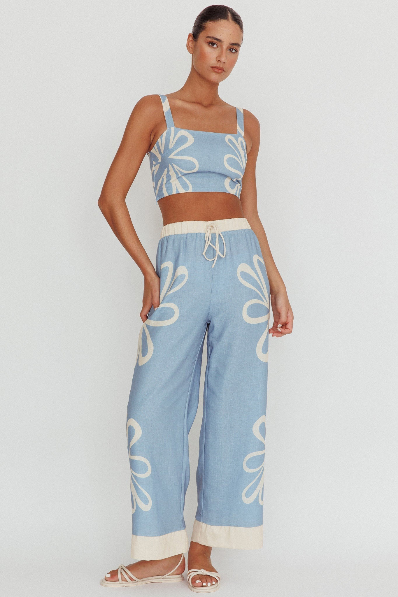Briar Floral Wide Leg Pants Beige Blue