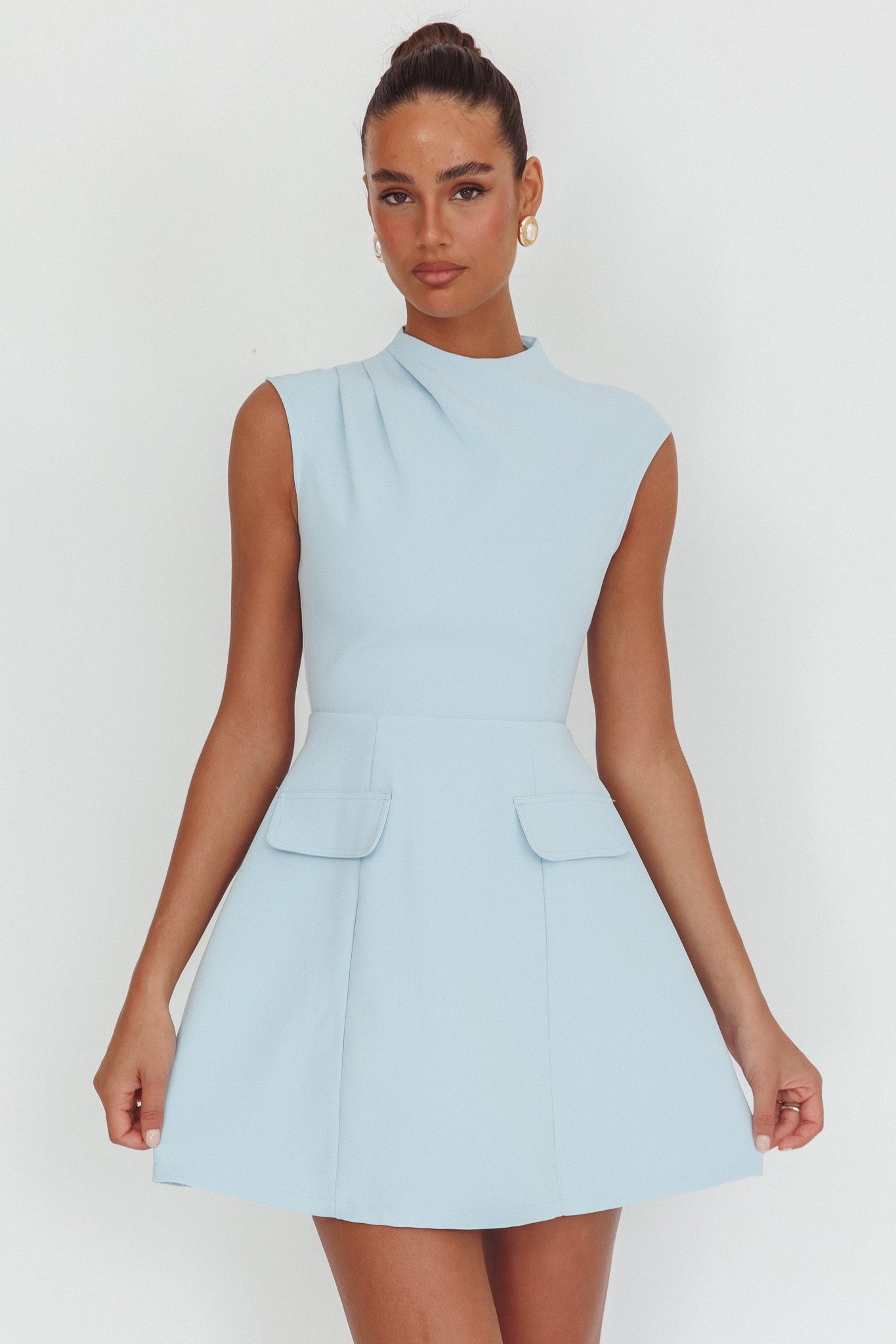 Thandi Pleat Shoulder Faux Pocket Mini Dress Steel Blue