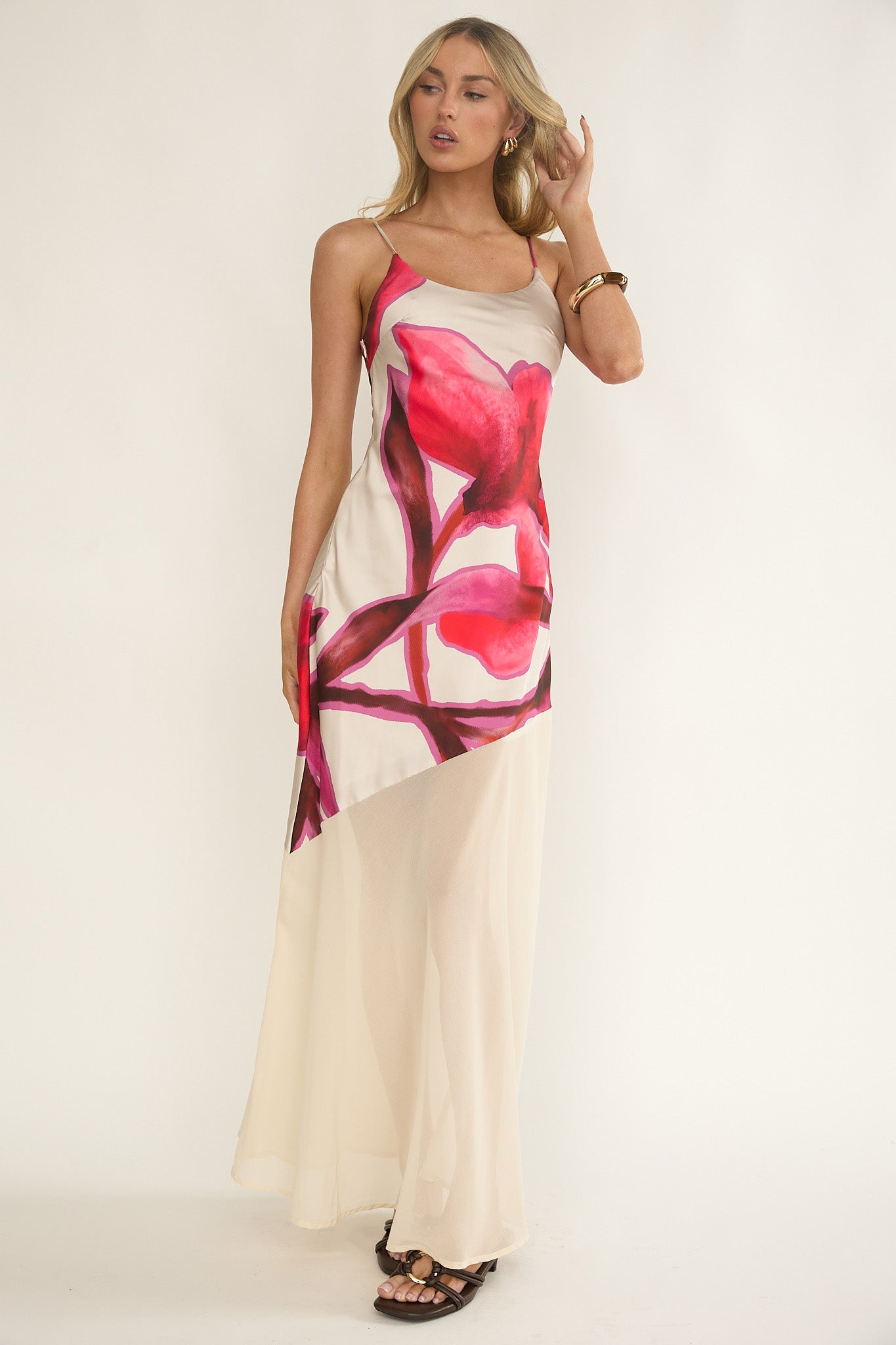 Gilded Dream Chiffon Hem Maxi Dress Print Beige