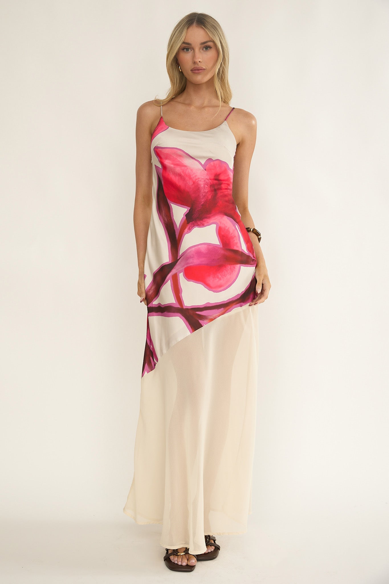 Gilded Dream Chiffon Hem Maxi Dress Print Beige