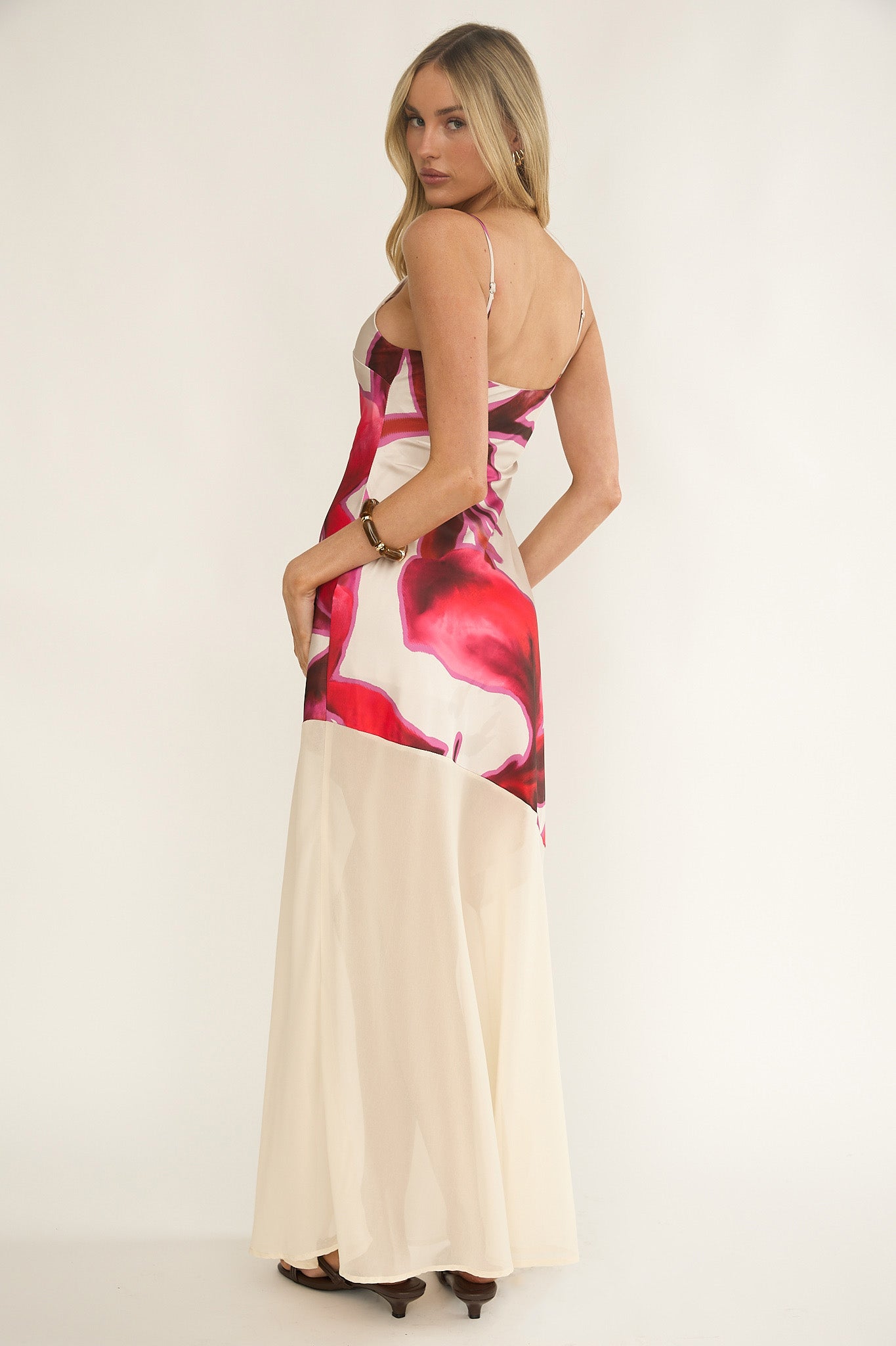 Gilded Dream Chiffon Hem Maxi Dress Print Beige
