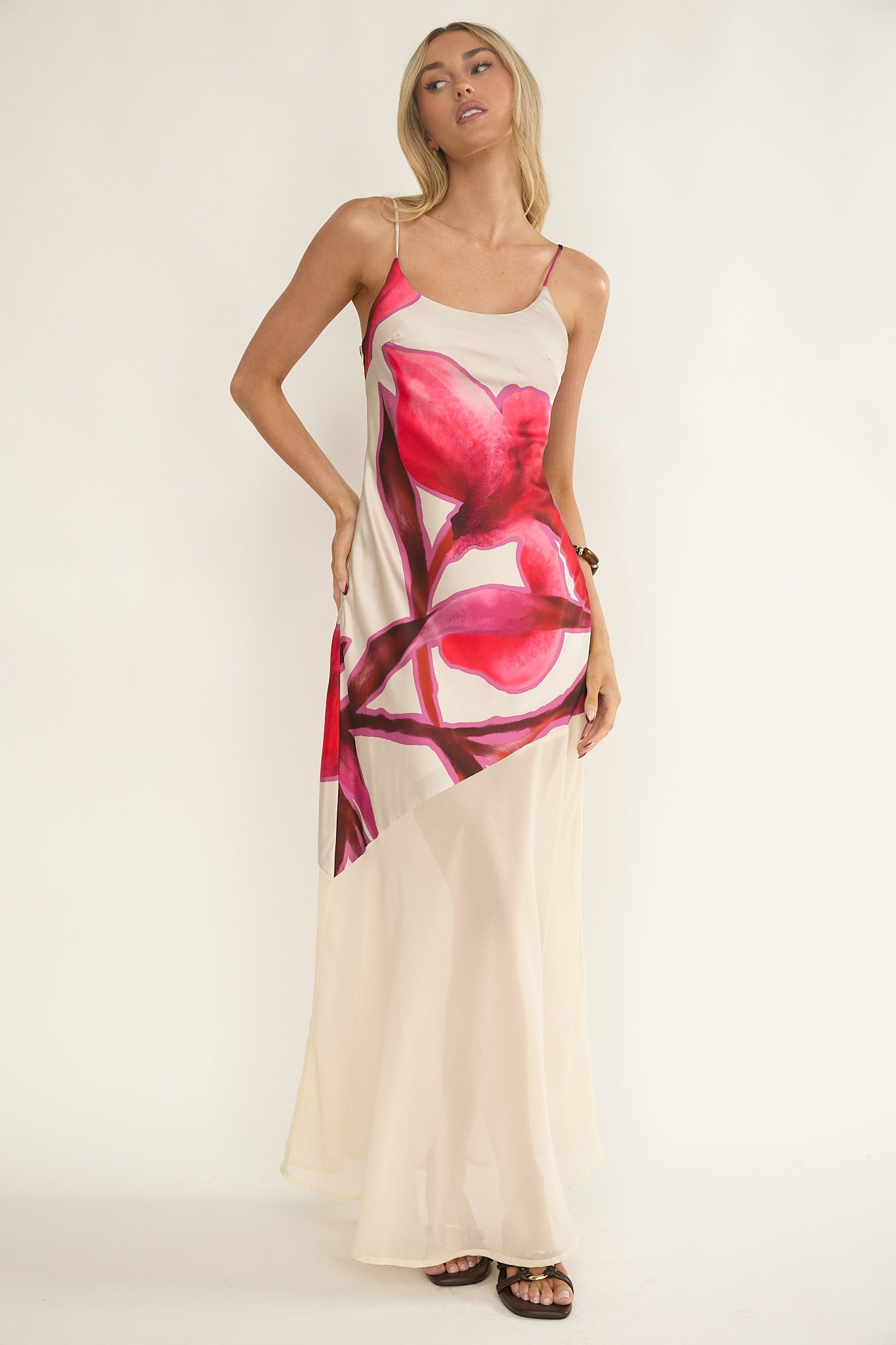 Gilded Dream Chiffon Hem Maxi Dress Print Beige
