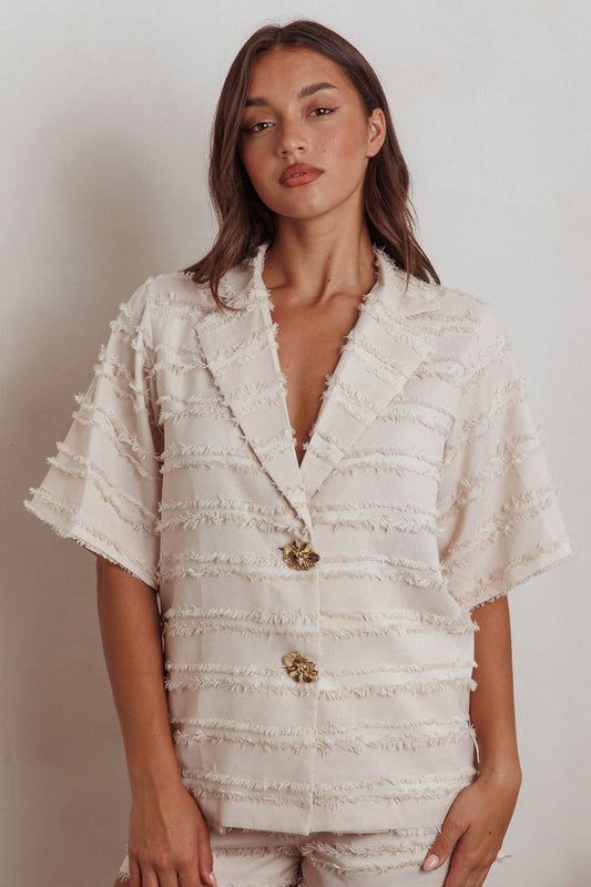 Reed Raw Edge Trim Collared Top Cream