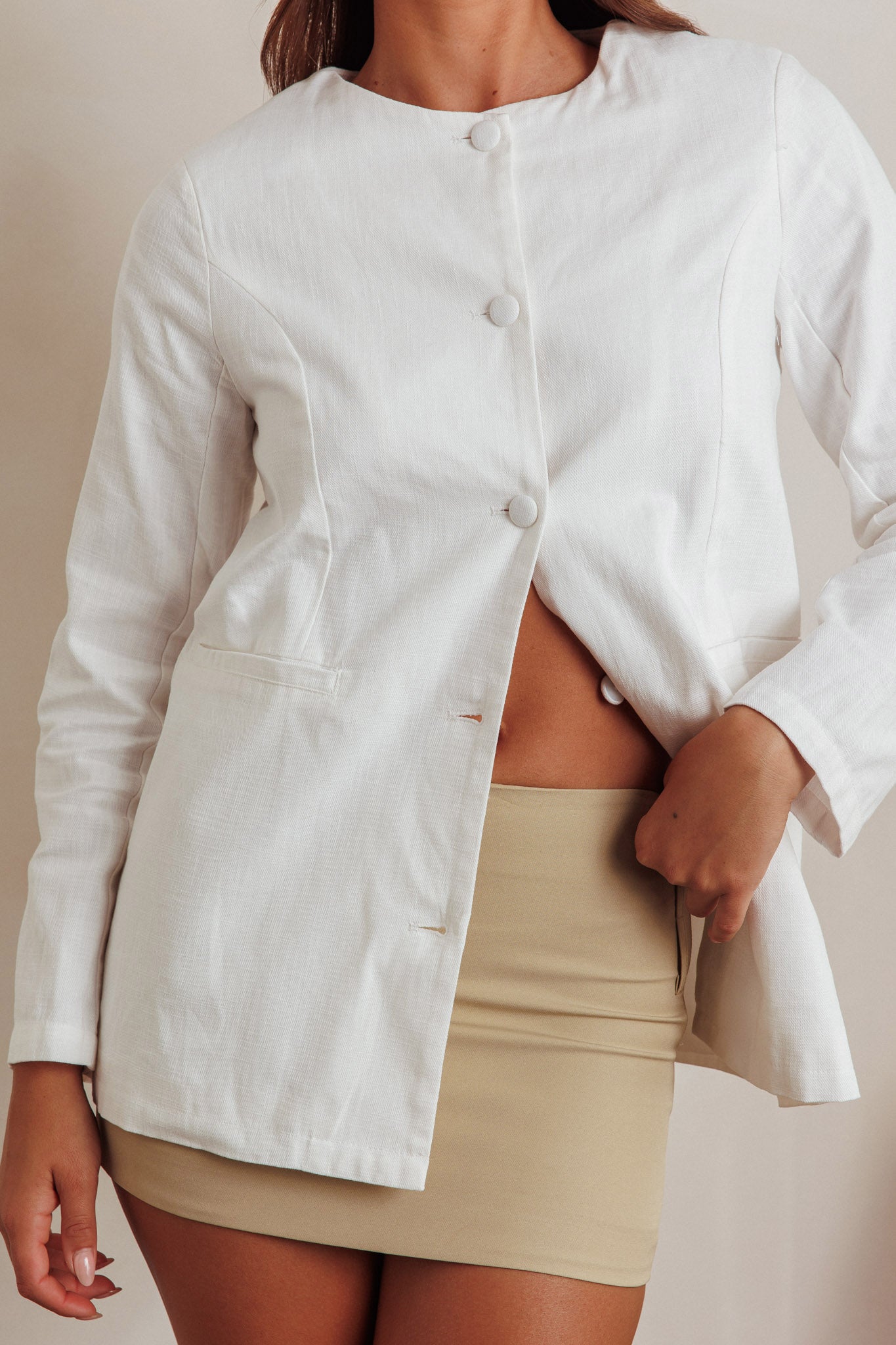 Vikki Round Neck Structured Top Cream