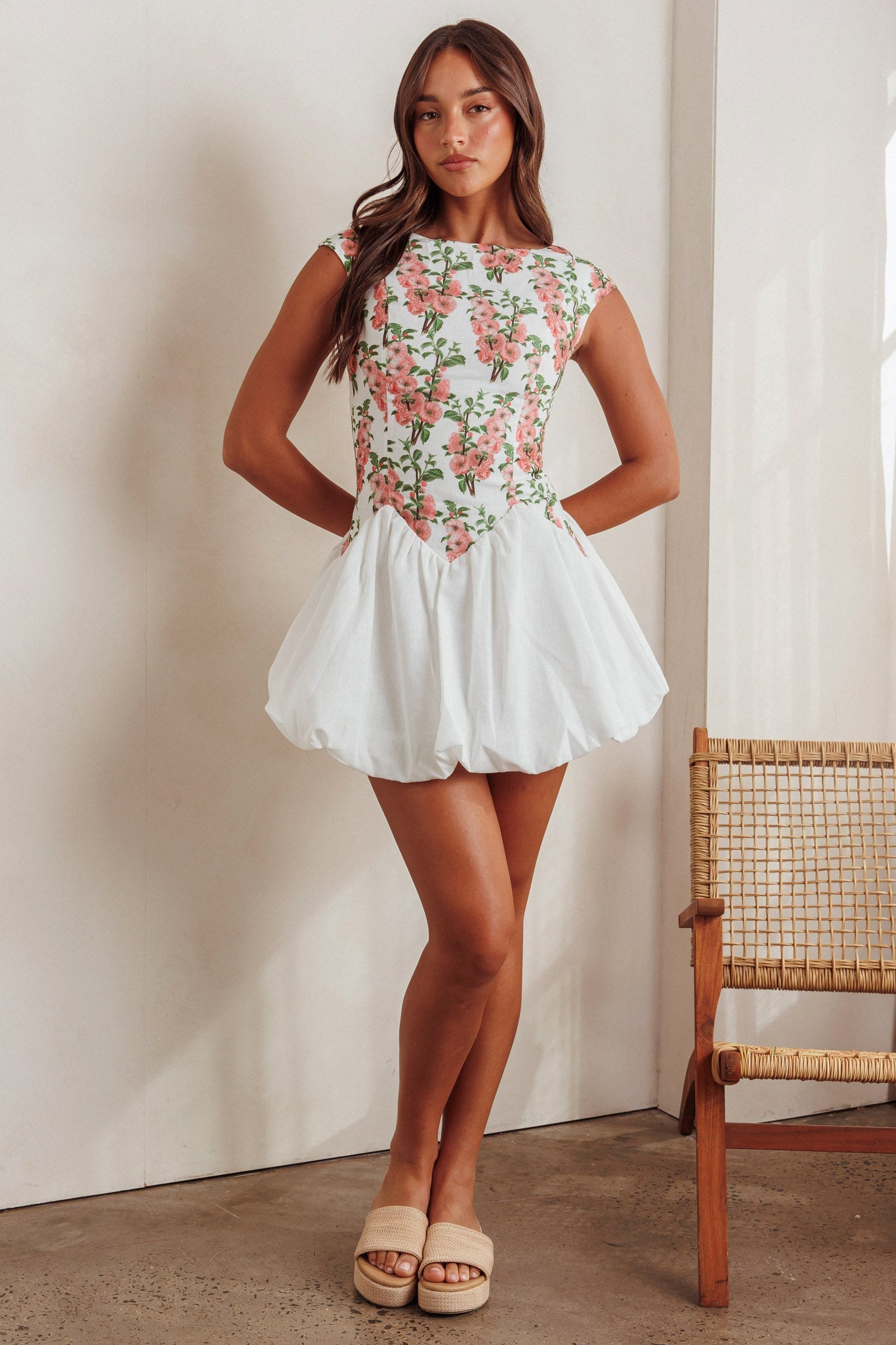 Gracelina Cap Sleeve Bubble Hem Mini Dress Floral Pink