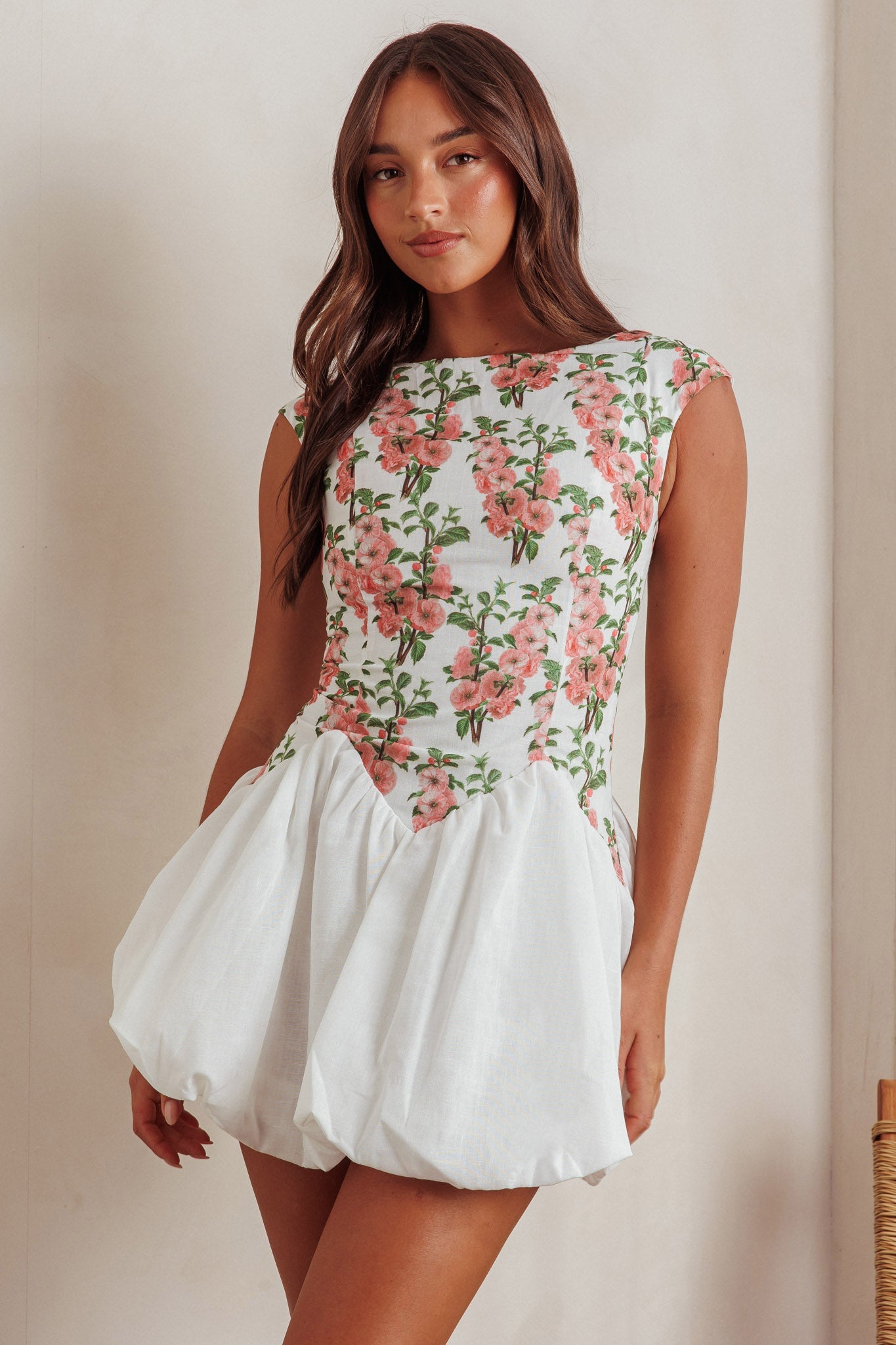Gracelina Cap Sleeve Bubble Hem Mini Dress Floral Pink