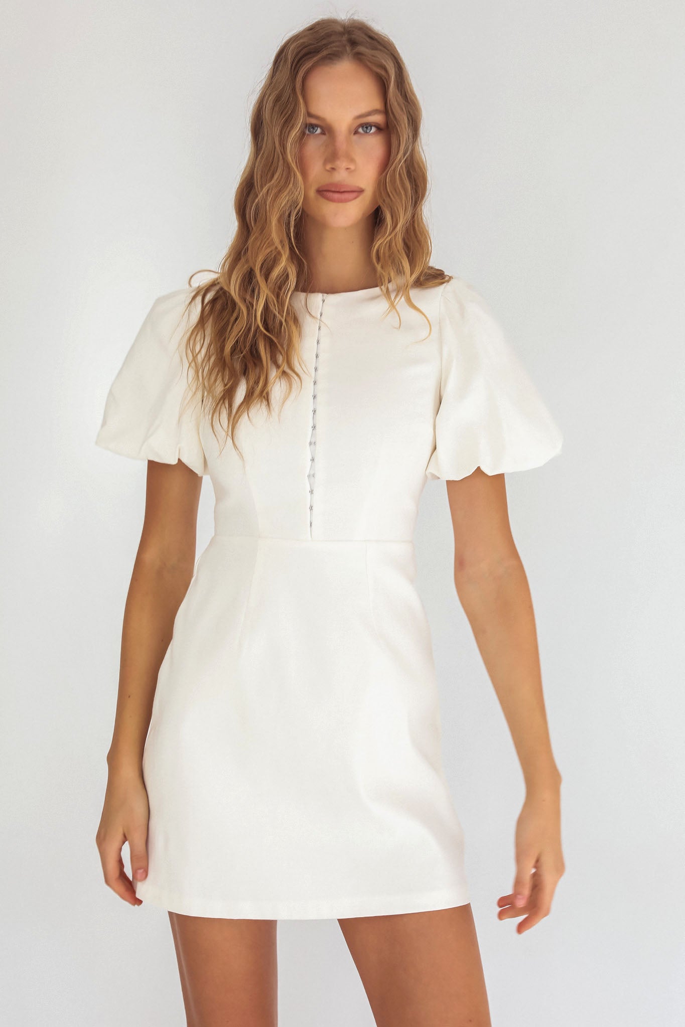 Leronne Hook & Eye Puff Sleeve Mini Dress White