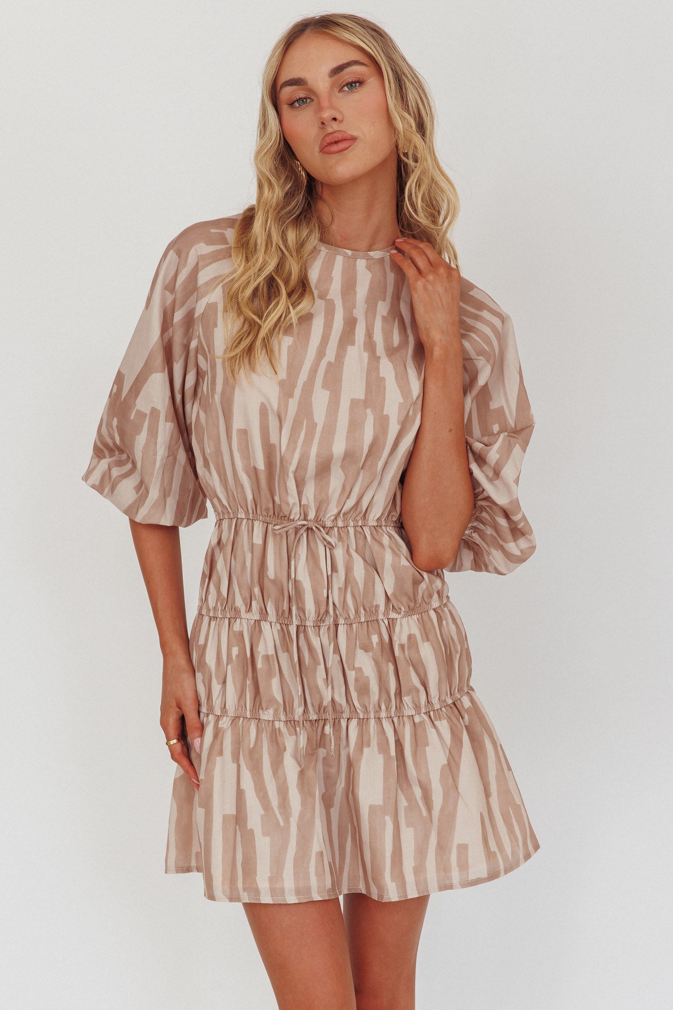 Ezriah Puff Sleeve Mini Dress Print Coffee
