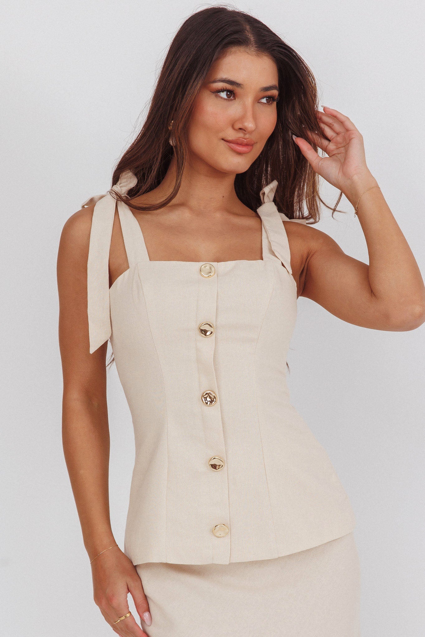 Post It Tied Shoulder Button Front Top Cream