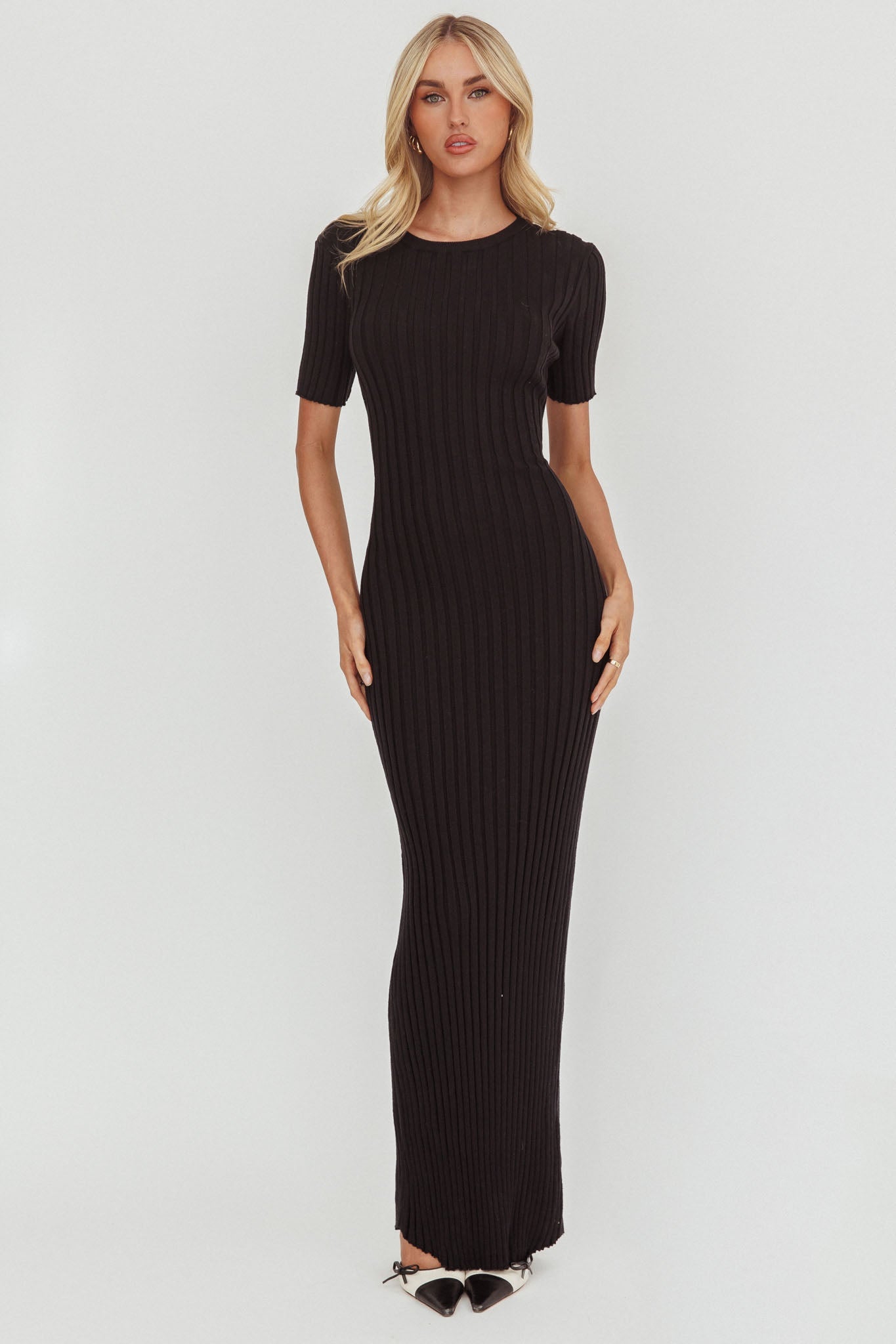 Faylen Waist Tie Ribbed Knit Maxi Dress Black