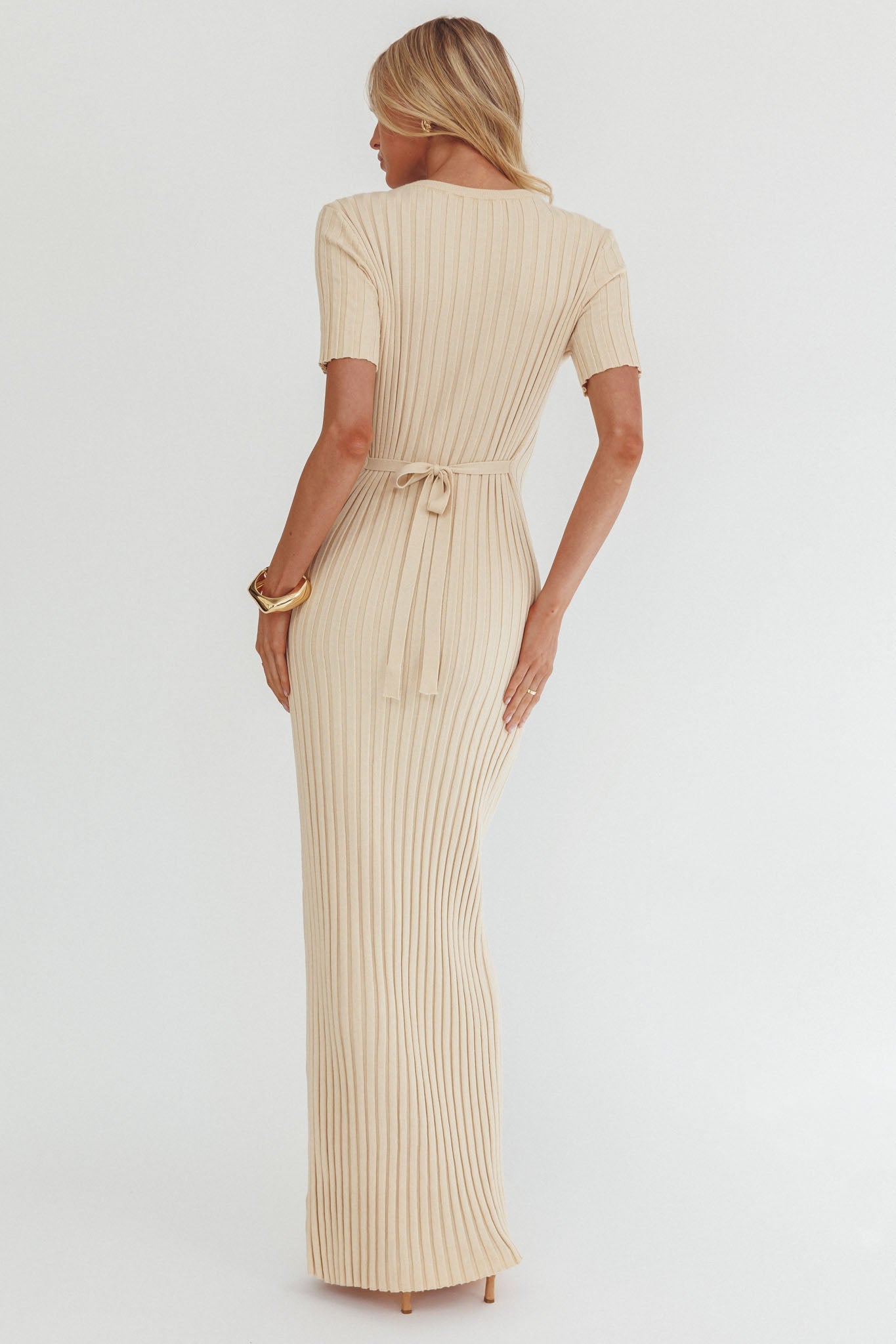 Faylen Waist Tie Ribbed Knit Maxi Dress Cream