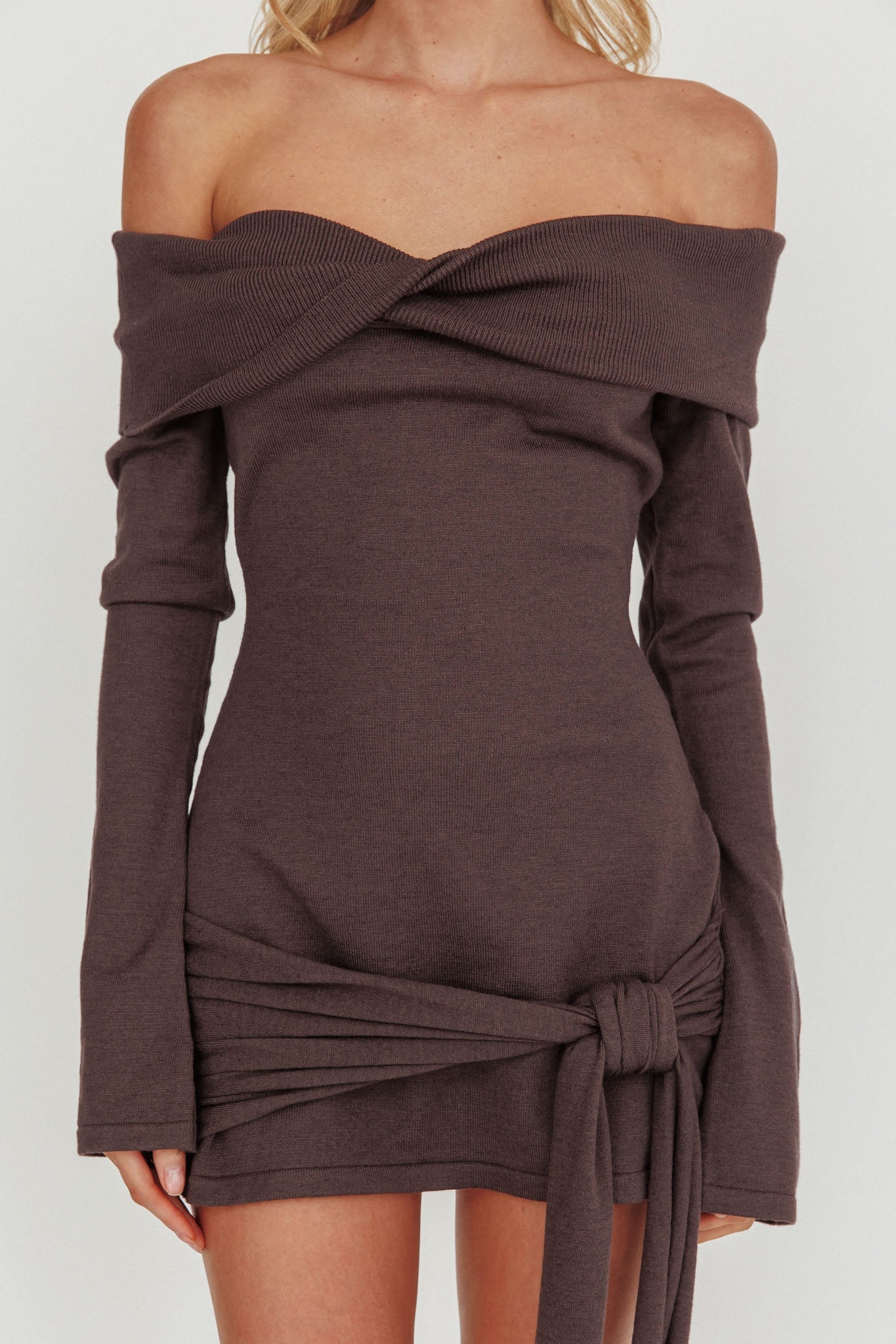 Sofina Off-Shoulder Hip Tie Mini Dress Grey