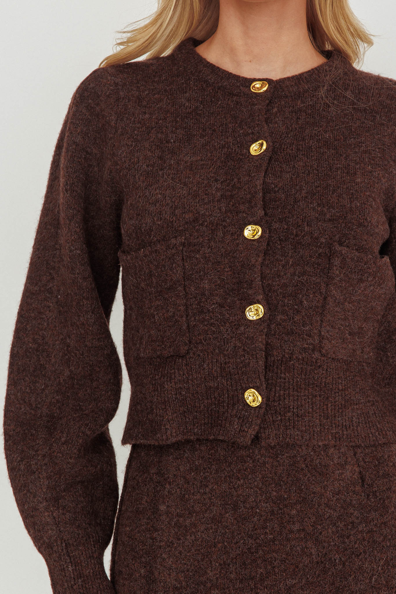 Daelyn Gold Button Pocket Cardigan Coffee