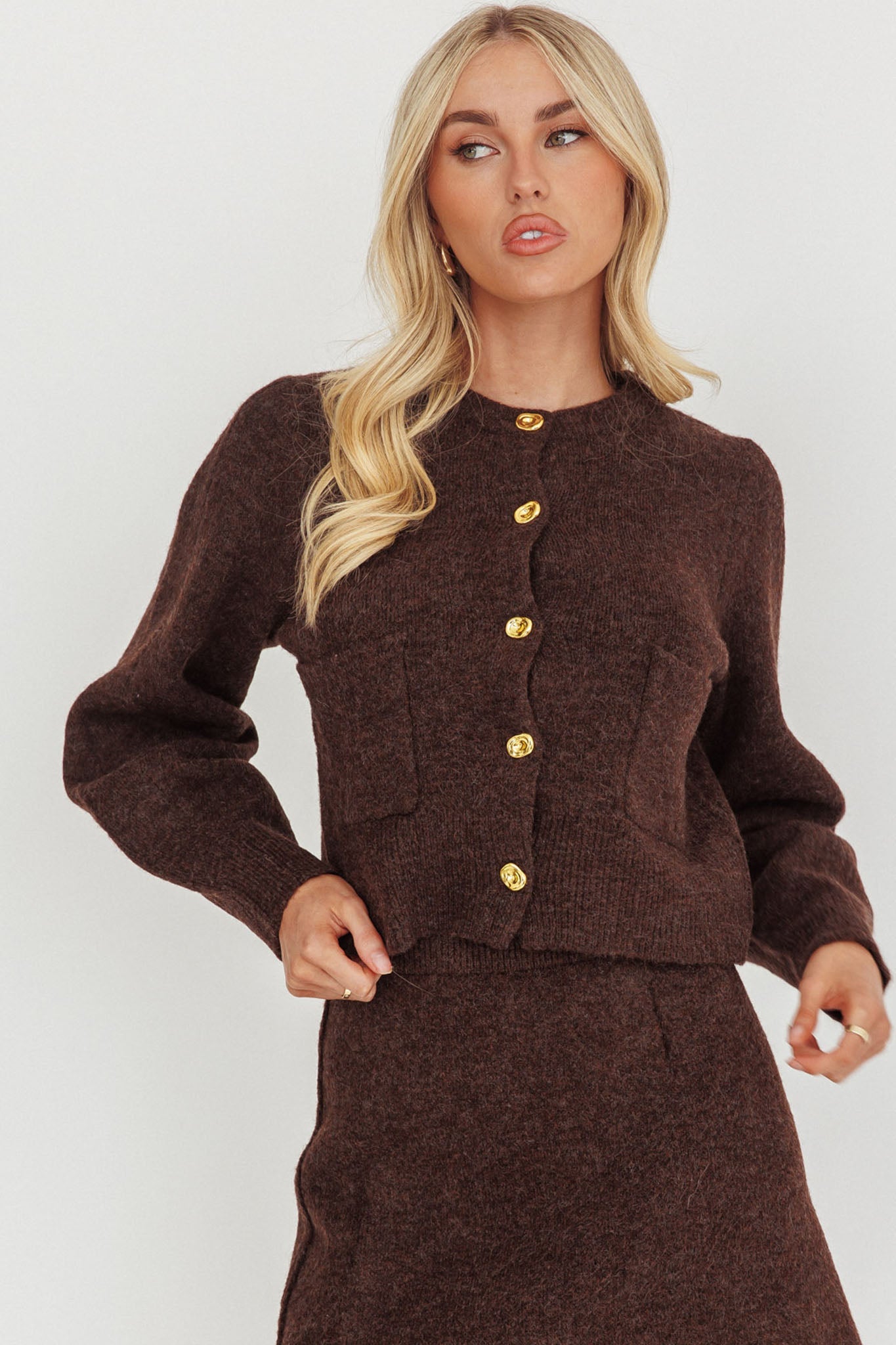 Daelyn Gold Button Pocket Cardigan Coffee