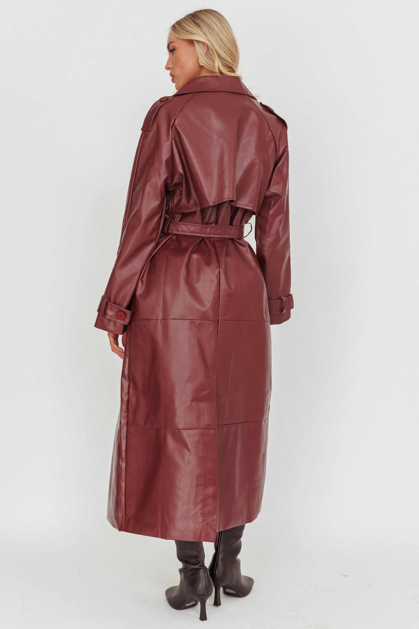 Lyora Longline Faux Leather Trench Coat Burgundy