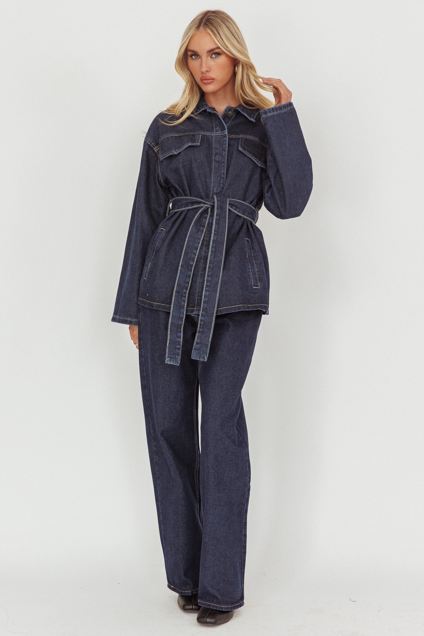 Belisse Waist Tie Button Jacket Denim Blue