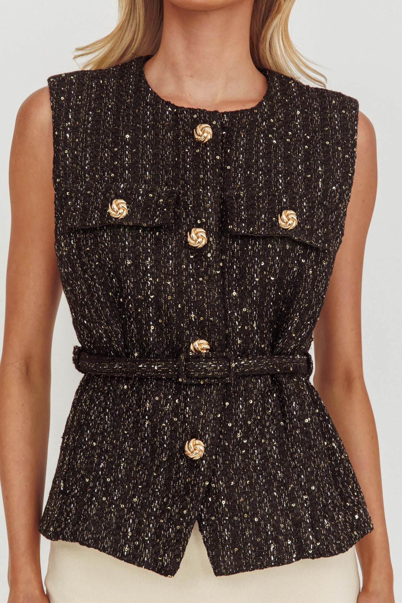 Zephyra Tweed Waist Belt Top Sequin Black