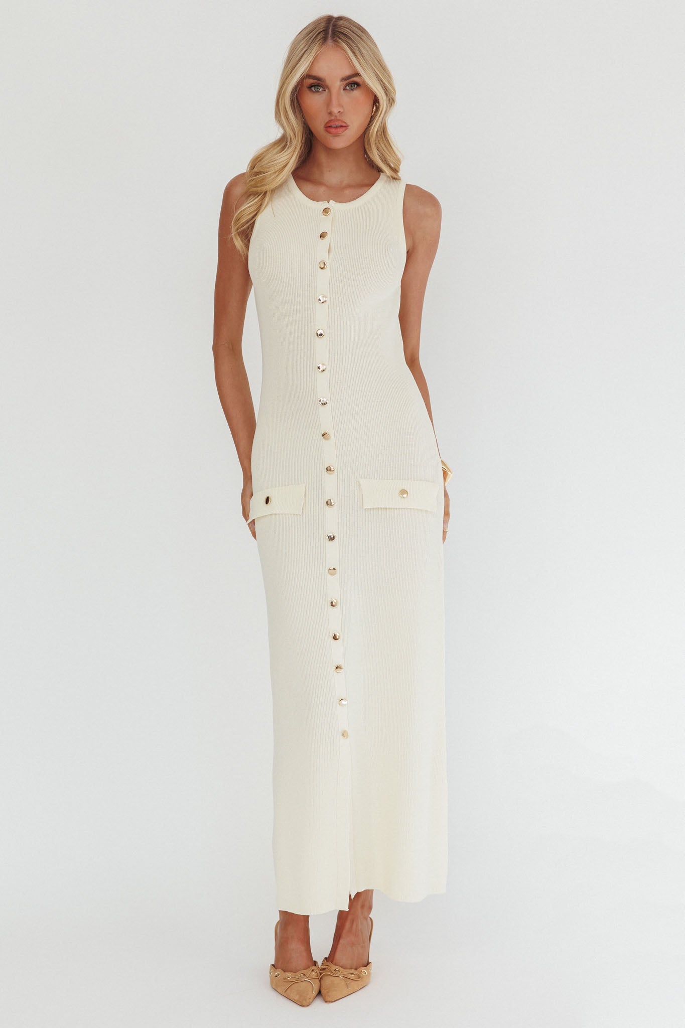 Kelani Gold Button Knit Maxi Dress Cream