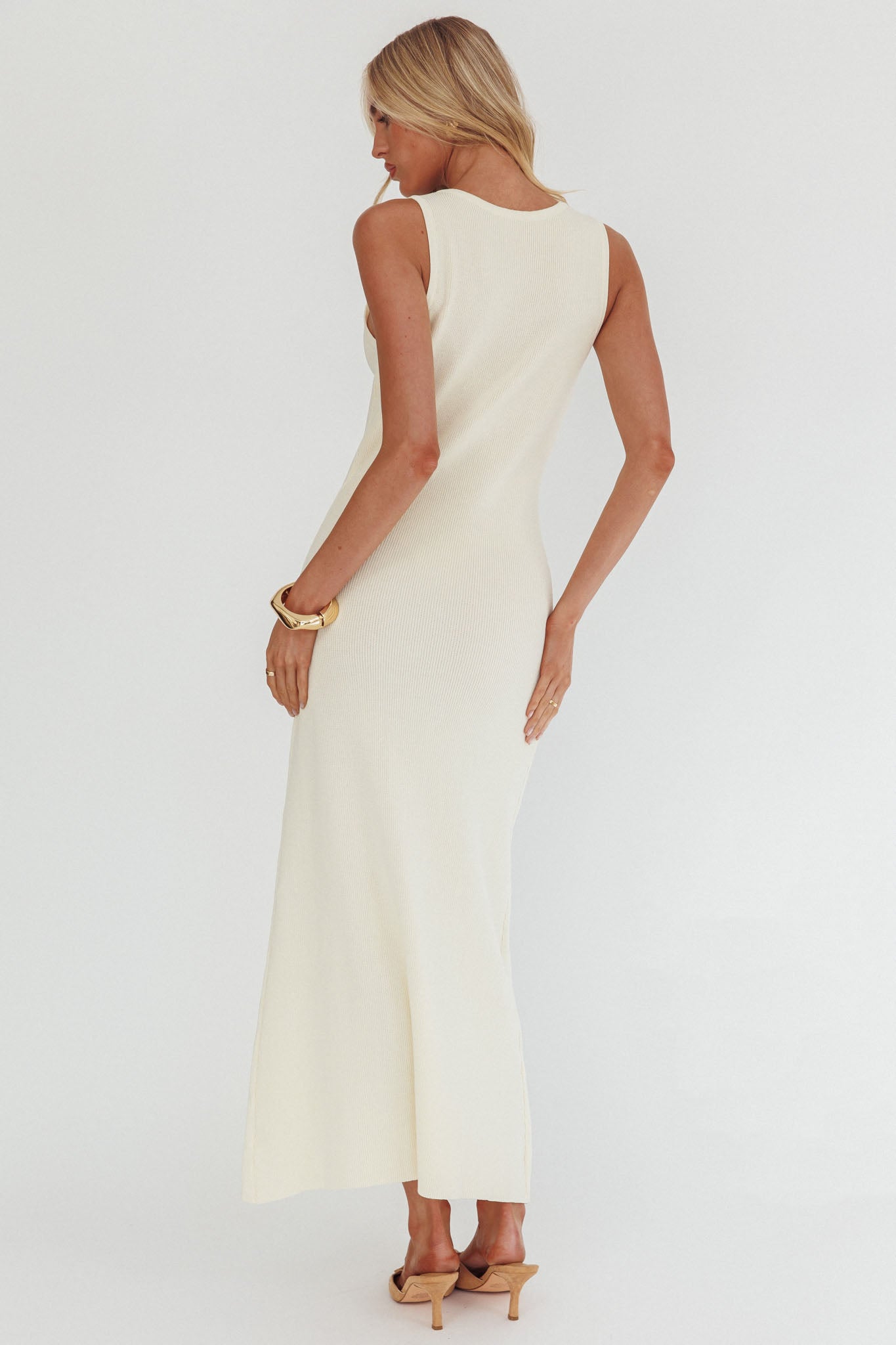 Kelani Gold Button Knit Maxi Dress Cream