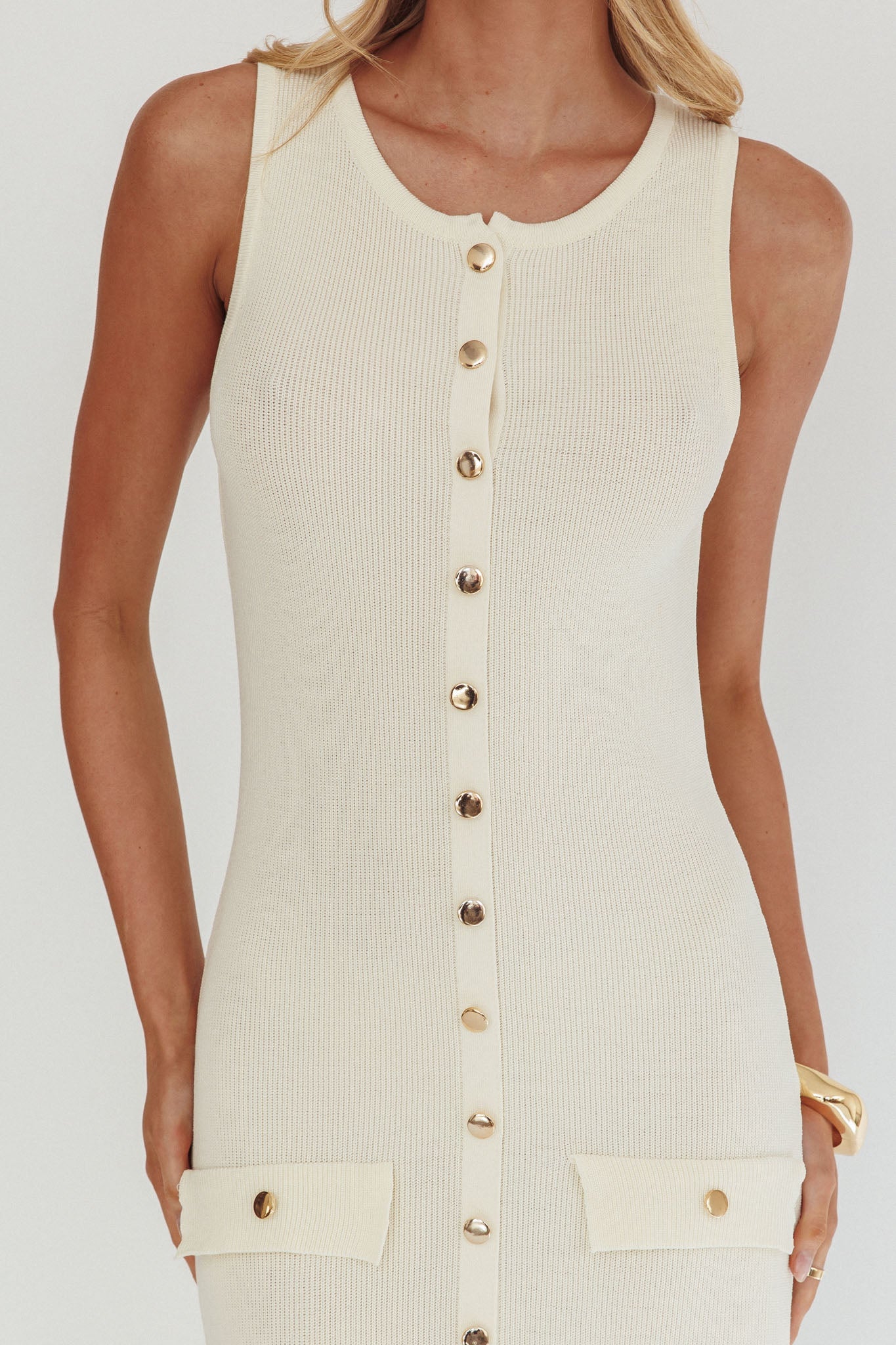 Kelani Gold Button Knit Maxi Dress Cream