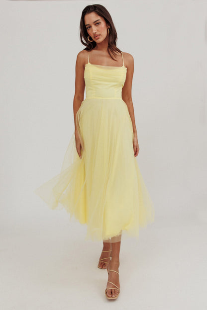 Floating By Pleated Neckline Mesh Midi Dress Yellow