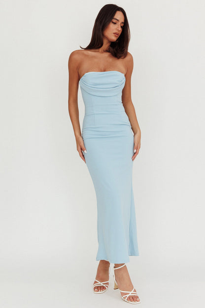 Well Versed Strapless Pleat Bust Maxi Dress Blue