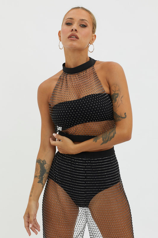 Moon Rock Diamante Mesh Top Black