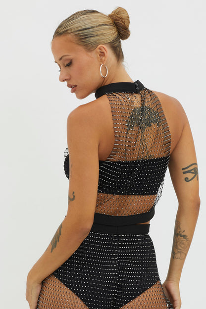 Moon Rock Diamante Mesh Top Black