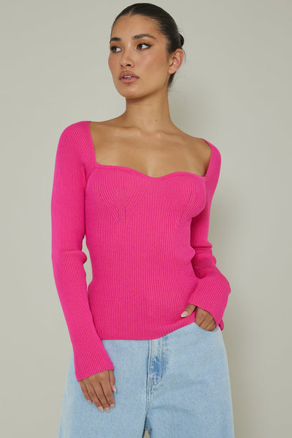 Switch Focus Long Sleeve Knit Top Hot Pink