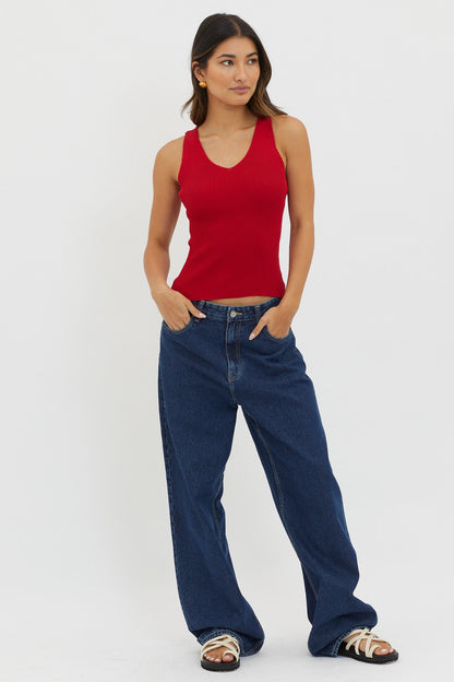 Off-Duty V-Neck Ribbed Knit Top Maroon